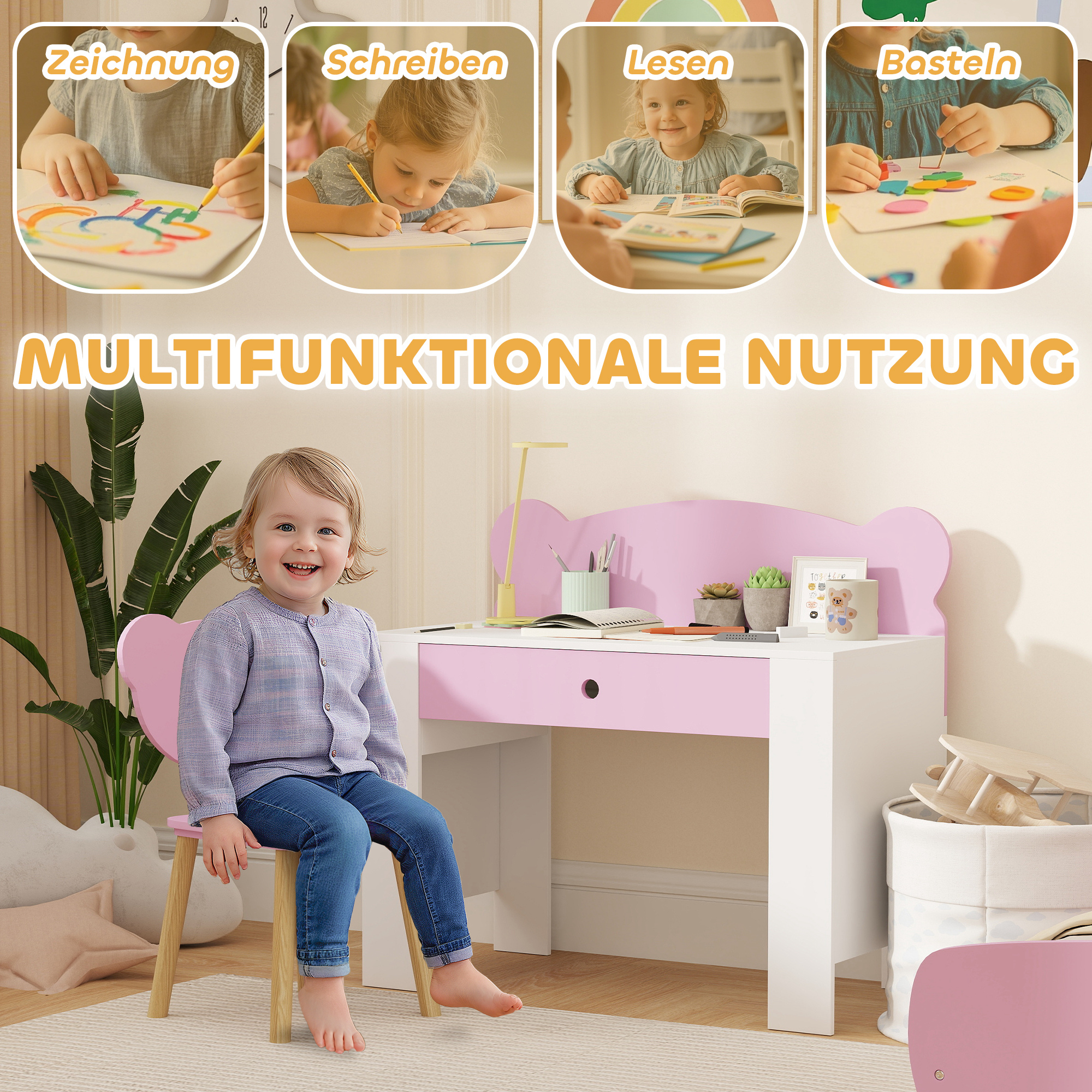 Schreibtisch-Set für Kinder, Arbeitstisch und Stuhl mit Bärenform, Schublade, zum Schreiben und Basteln, 3-8 Jahre, Rosa