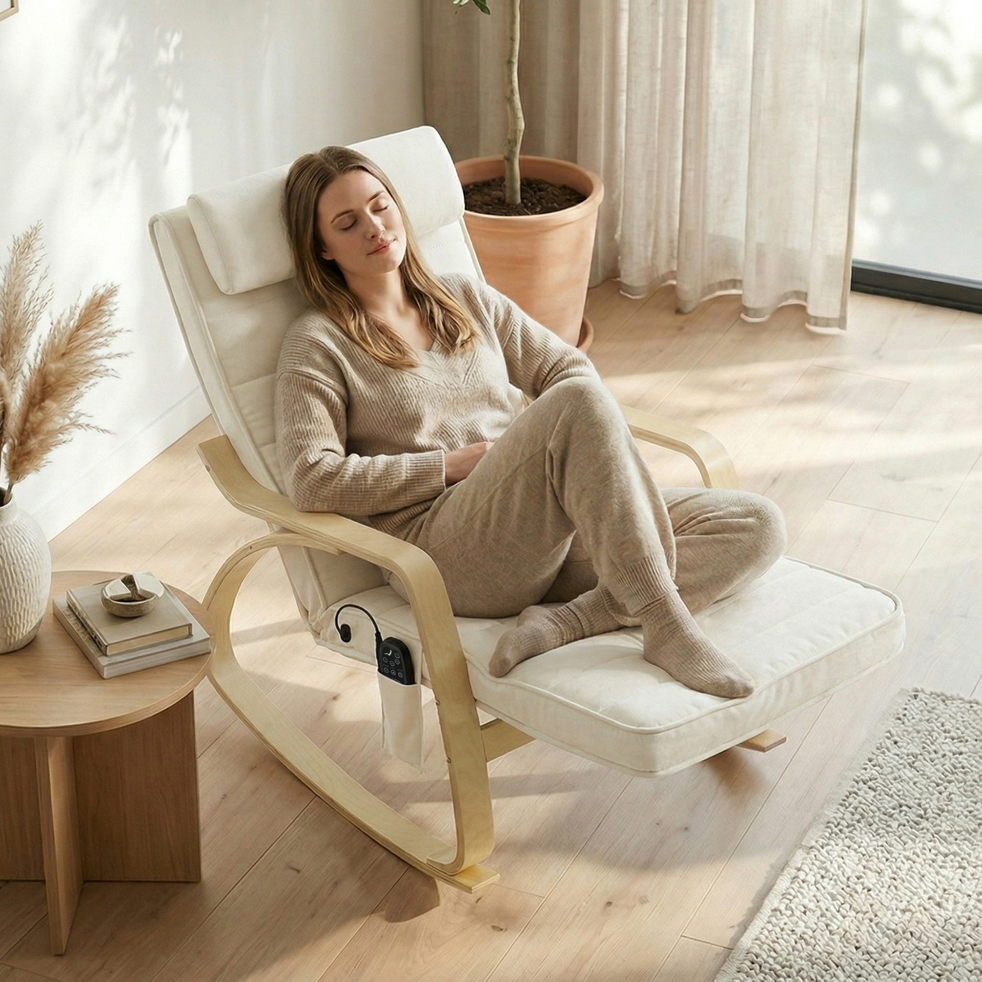 Schaukelstuhl mit Massage, Heizung, Kopfstütze & Fußstütze, Samtbezug, Relaxsessel, Cremeweiß