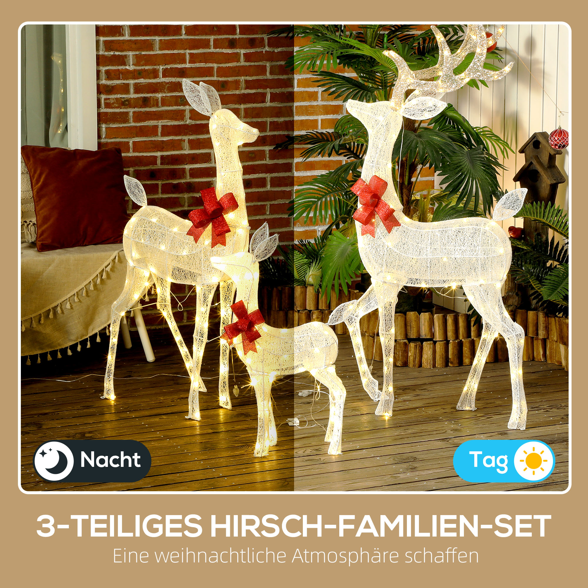 Rentierfamilie mit roten Schleifen, 283 LEDs, Weihnachtsbeleuchtung, wetterfest, Silber