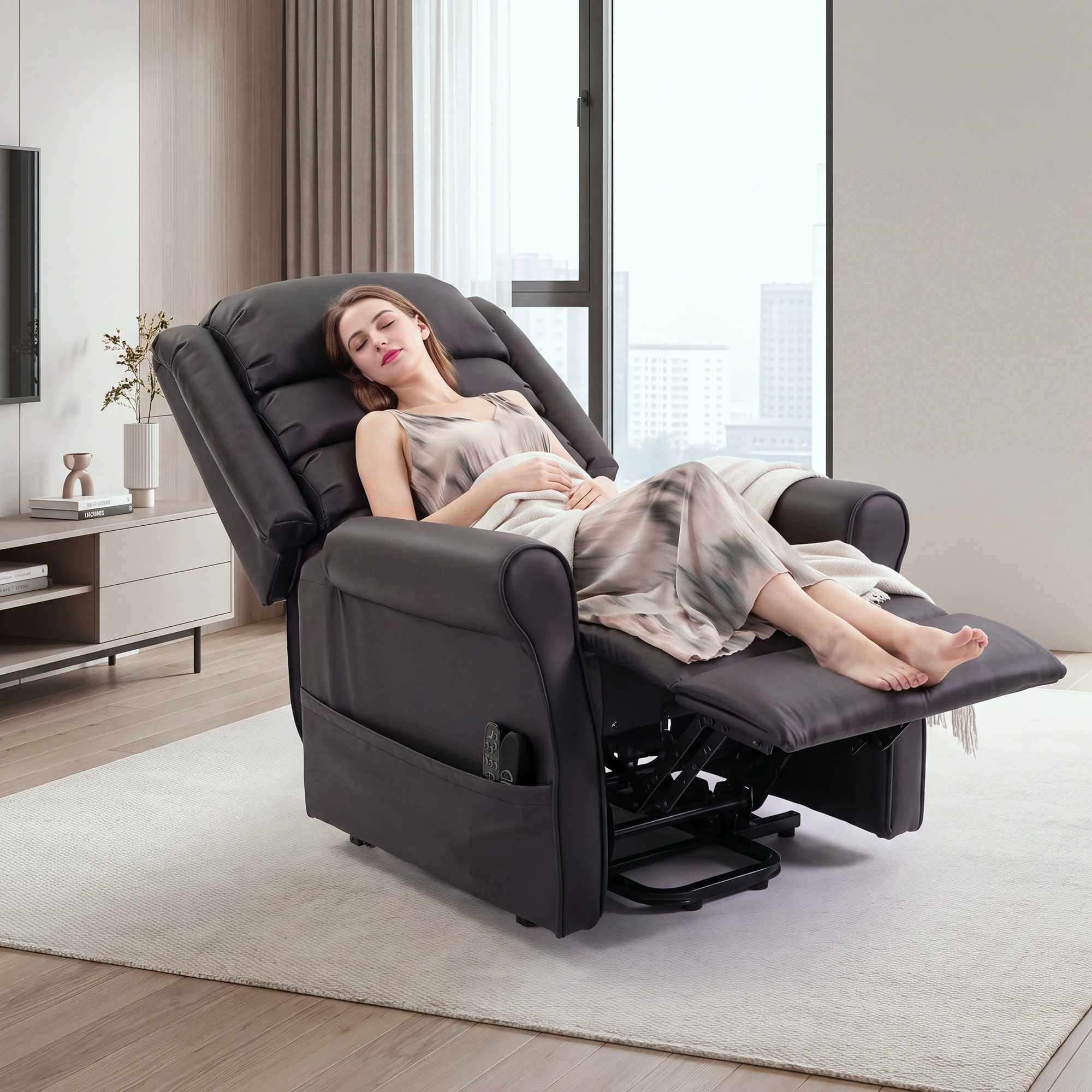 Elektrischer Aufstehsessel mit Vibrationsmassage und Wärmefunktion, Senioren-Sessel aus braunem PU-Leder