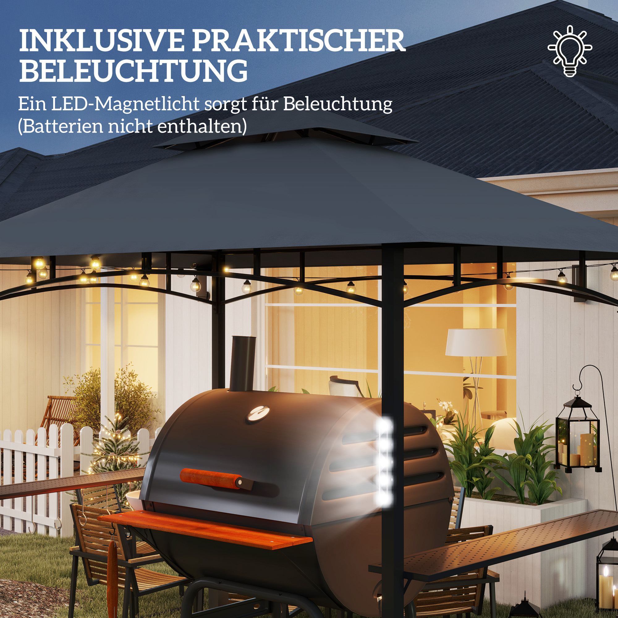 Grillpavillon, Gartengrillzelt mit Gewürzregalen, LED-Beleuchtung, Metall, Kunststoff, 243L x 148B x 248H cm, Grau