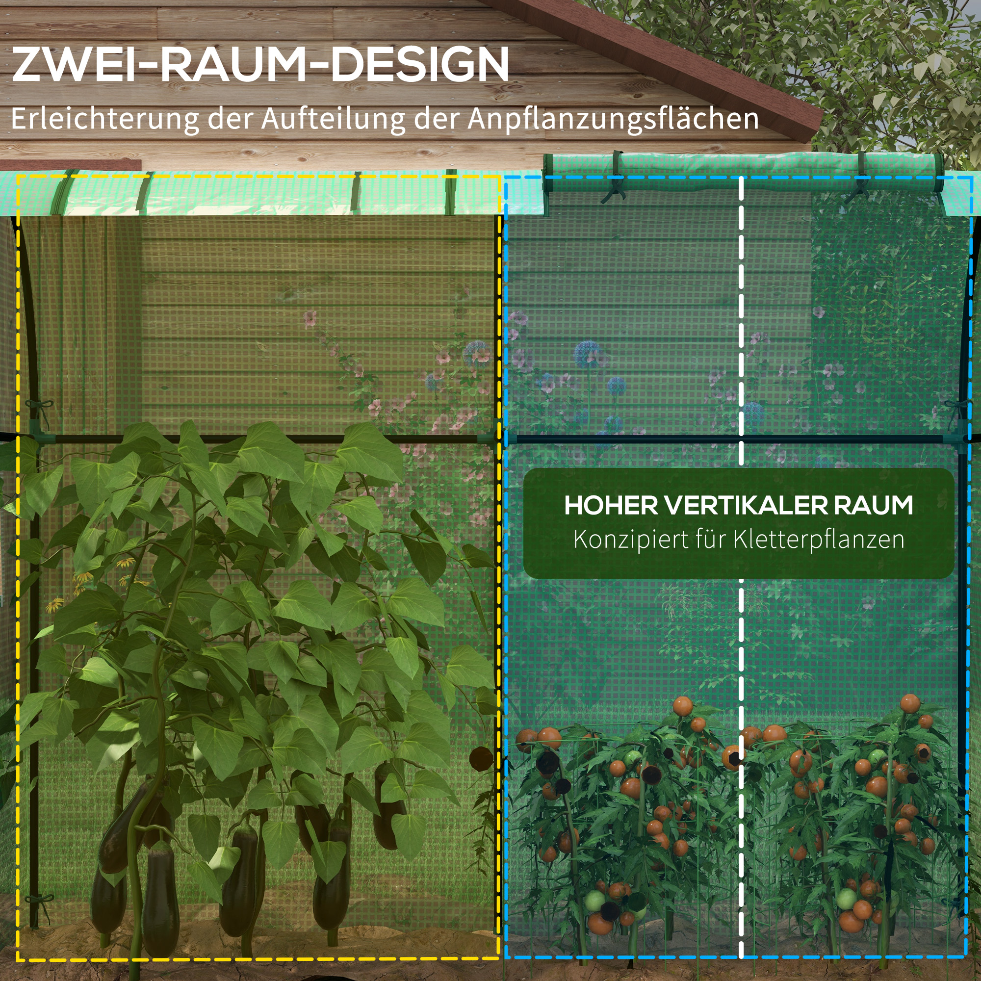 Mini-Gewächshaus Gewächshaus Treibhaus, 2 Pflanzbereiche, aufrollbare Türen, 185 x 94 x 150 cm, Grün