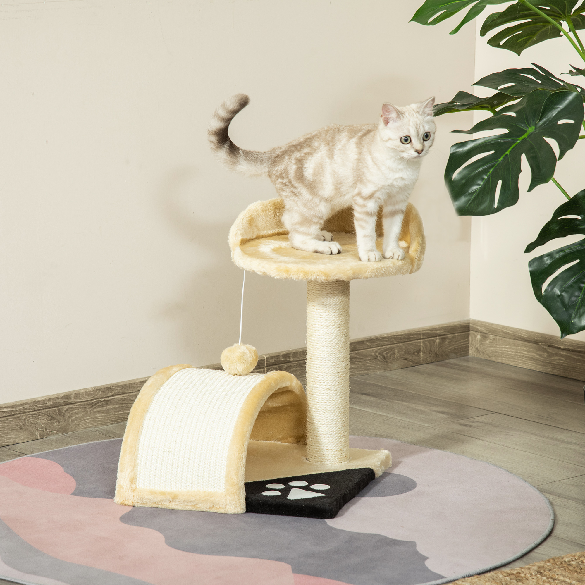Kratzbaum Katzenbaum mit Spielbällen Katzenkratzbaum Sisalseil-Kratzstangen Beige 35,5 x 37 x 46 cm