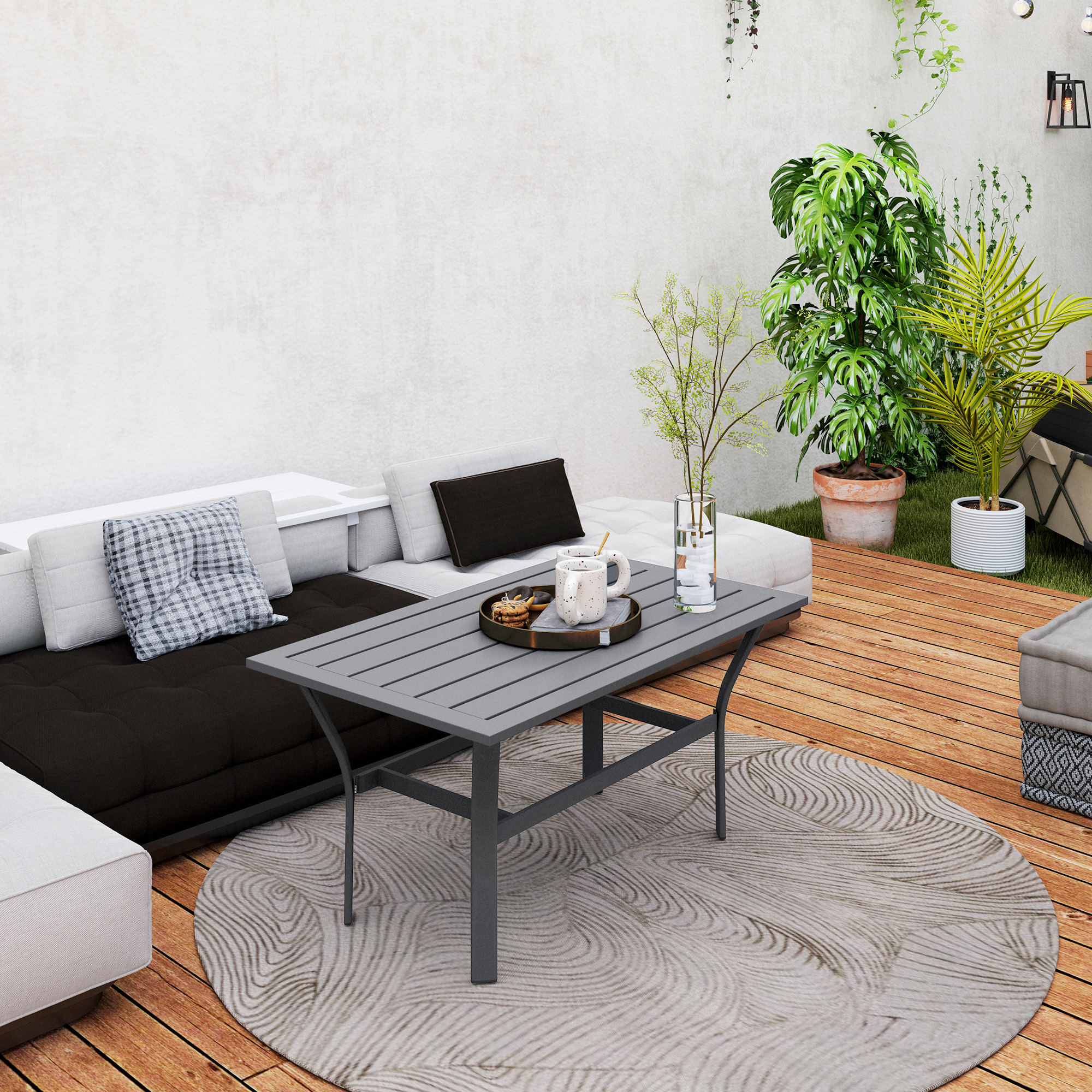 Beistelltisch Metall Balkontisch mit Lamellendesign wetterfest Kaffeetisch Gartentisch 91,5 x 55 x 45 cm Dunkelgrau