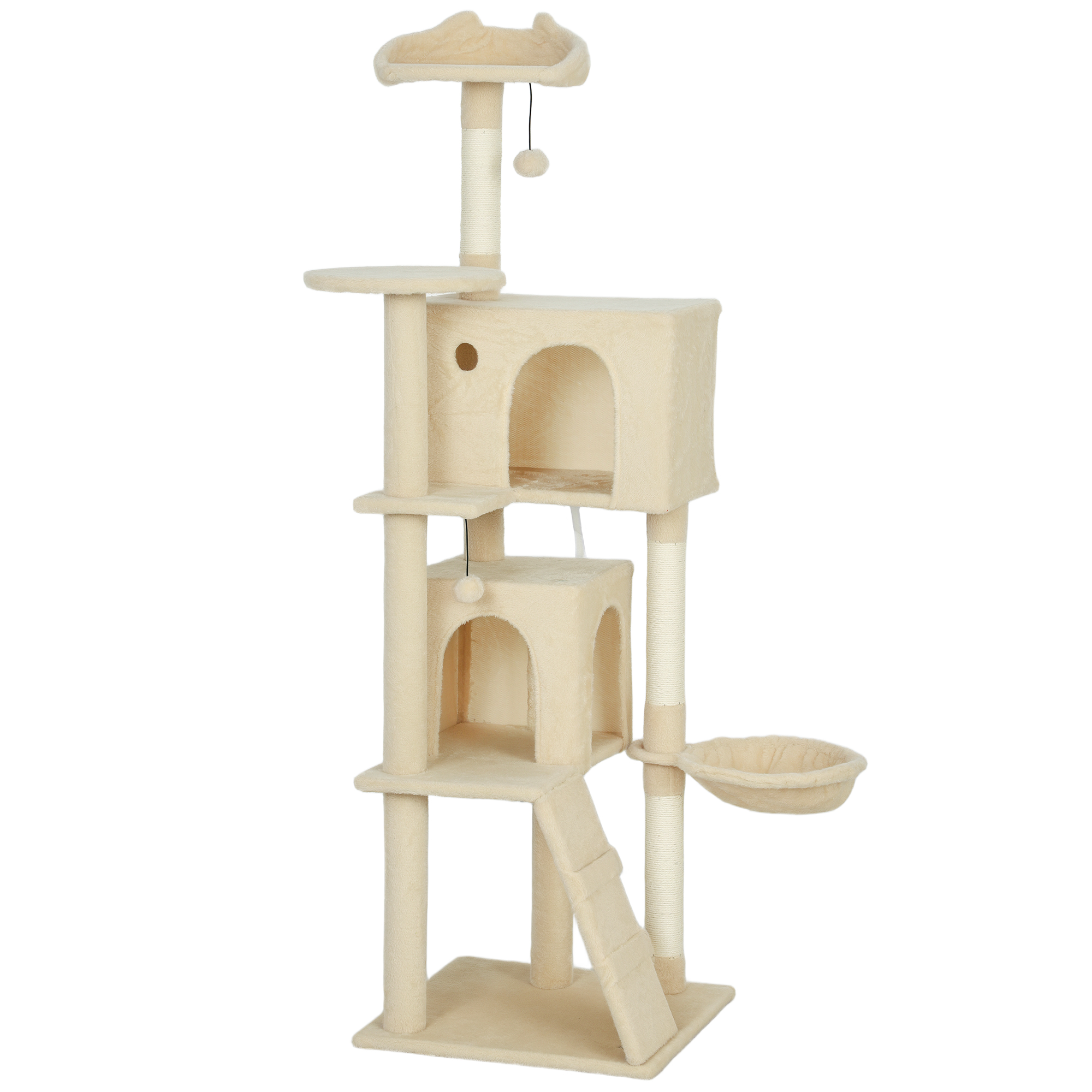 Kratzbaum 160 cm Katzenturm mit Hängematte, Leiter, Höhle, 2 Plüschballen, Sisalstämme, 48 x 48 x 160 cm, Beige