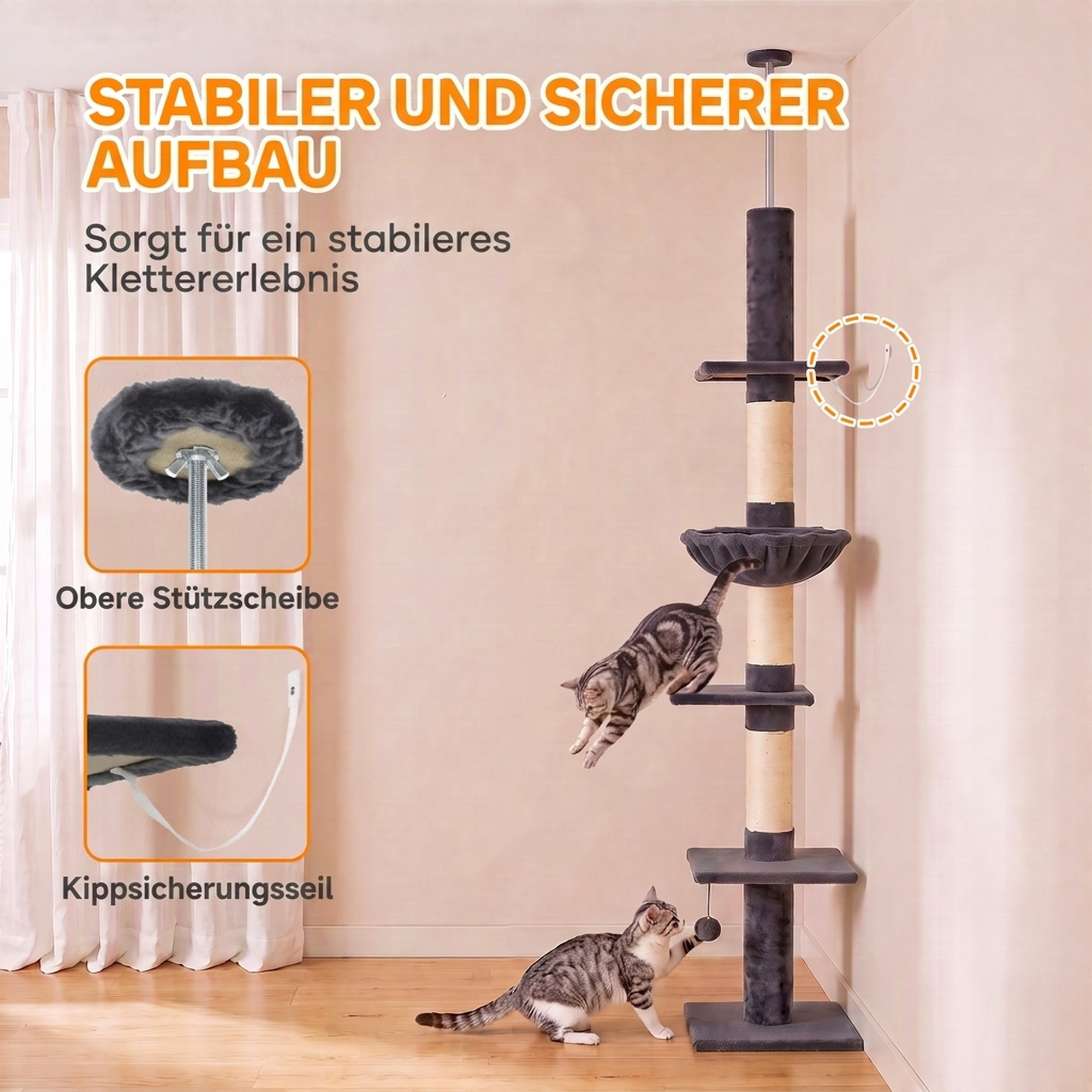 Kratzbaum Deckenhoch 225-255 cm höhenverstellbar Katzenbaum mit 5 Etagen 3 Sisal-Kratzstämmen, Hängematte, Plattformen