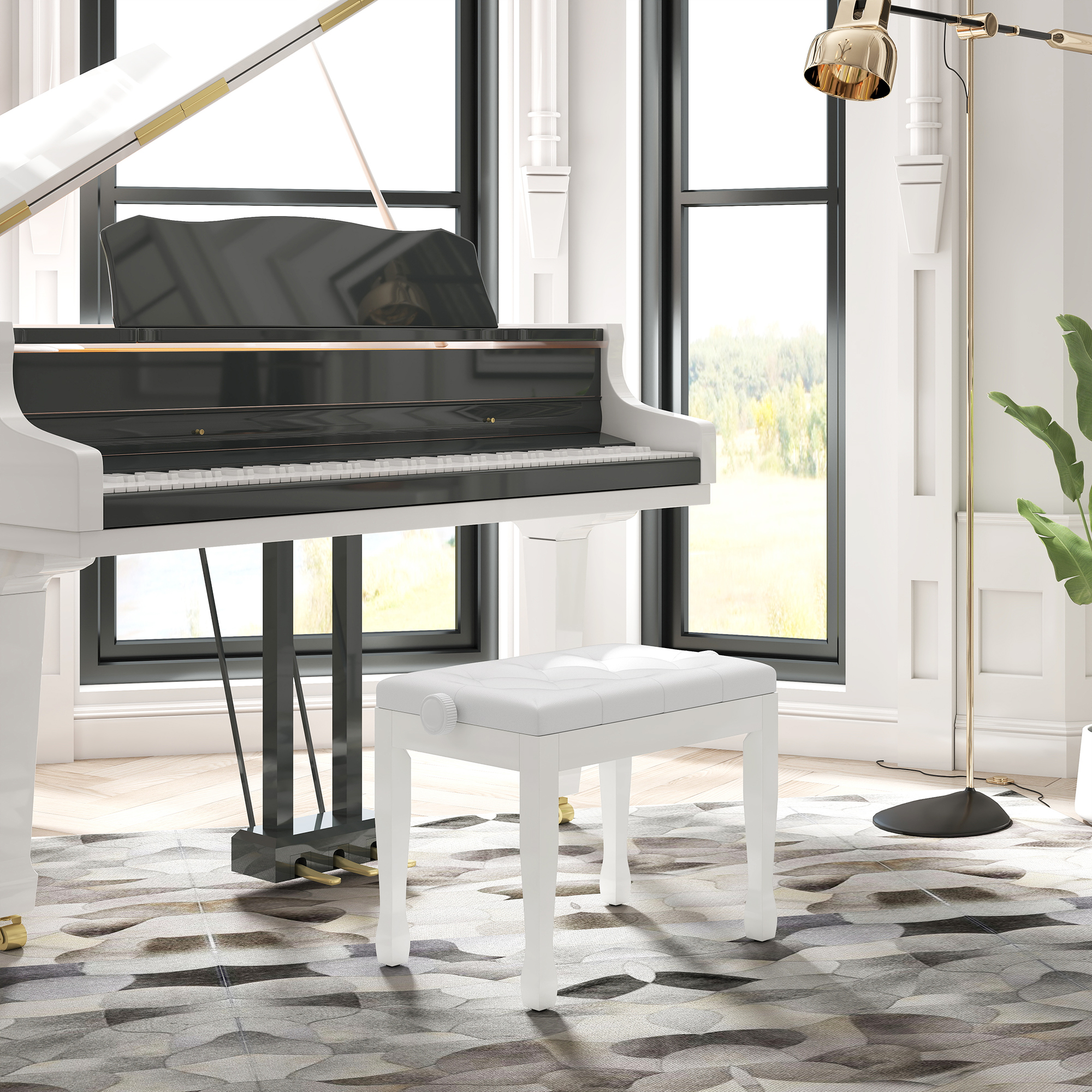 Klavierhocker Höhenverstellbar Klavierbank, Pianobank mit Kunstleder Kissen für Piano Keyboard 64 x 35 x 45-55 cm Weiß