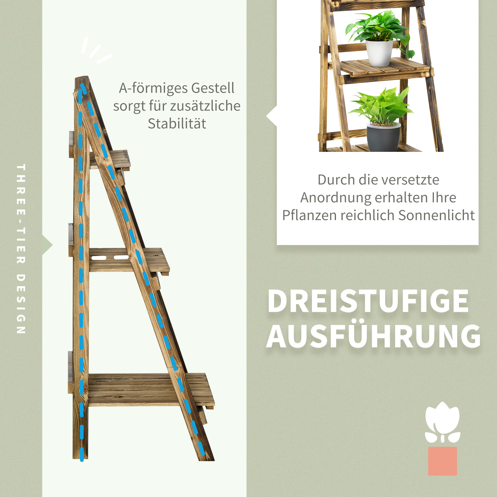 3-Etagen Pflanzenständer, klappbarer 93 cm hoch Blumenständer für Innen Außen, Pflanzenregal aus Holz, Blumentopfständer mit Tabletts, Blumentreppe für Wohnzimmer, Garten Balkon, Dunkelbraun
