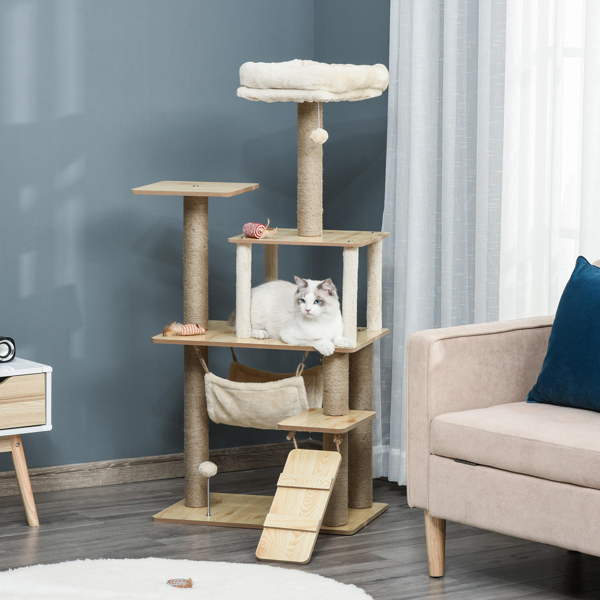 Kratzbaum Katzenbaum für Katzen Kletterbaum aus Holz mit Katzenhöhle Jutestämmen großer Plattform Spielbälle 130 cm Höhe stabil Plüsch Gelb 60 x 40 x 130 cm