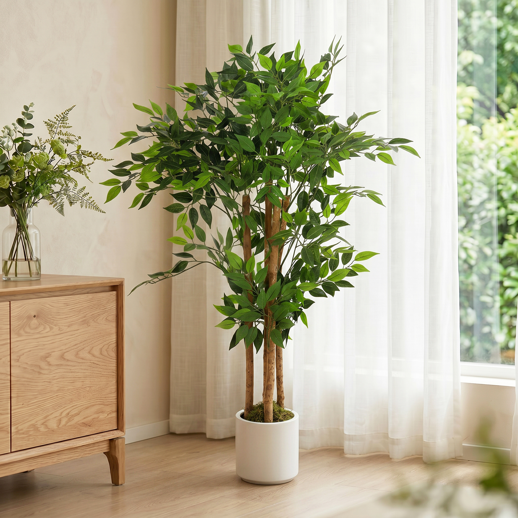 Künstlicher Banyanbaum Kunstpflanze mit Massivholzstamm, Topf, für Wohnzimmer Schlafzimmer Büro 55 x 55 x 120 cm Grün