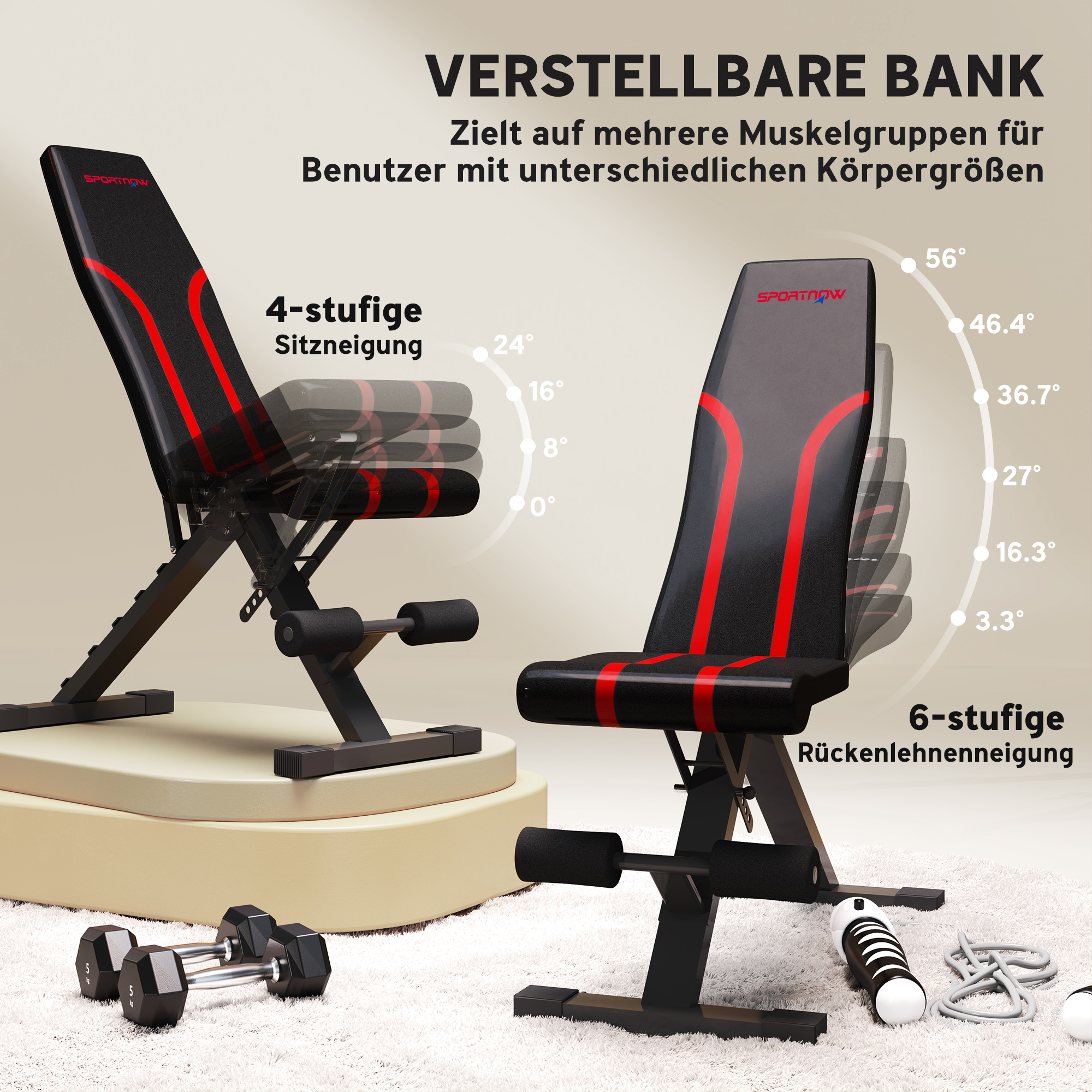 Klappbare Workout-Bank, 6-stufige Rückenlehne, 4-stufiger Sitz, Metall, gepolstert, Schwarz