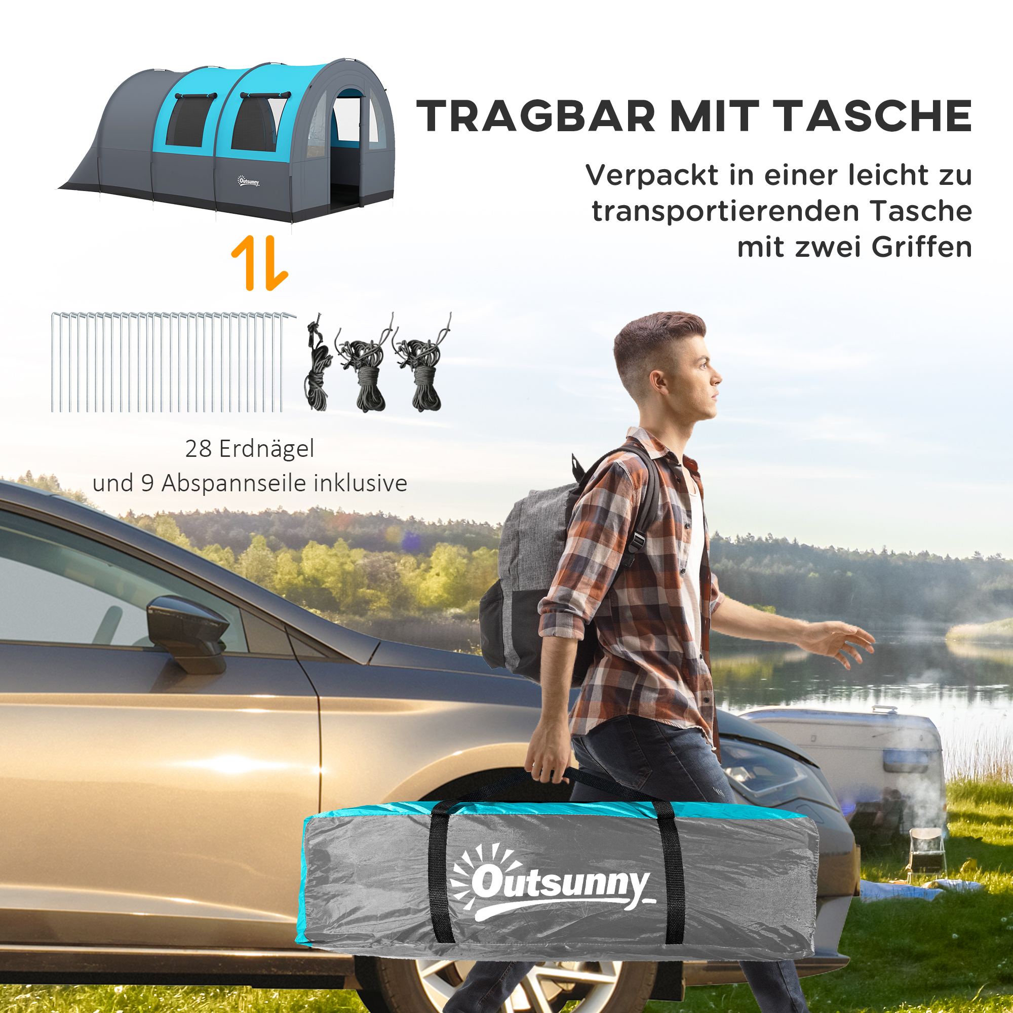 Campingzelt bis 6 Pers., Familienzelt, separate Bereiche, wasserdicht, Grau/Blau