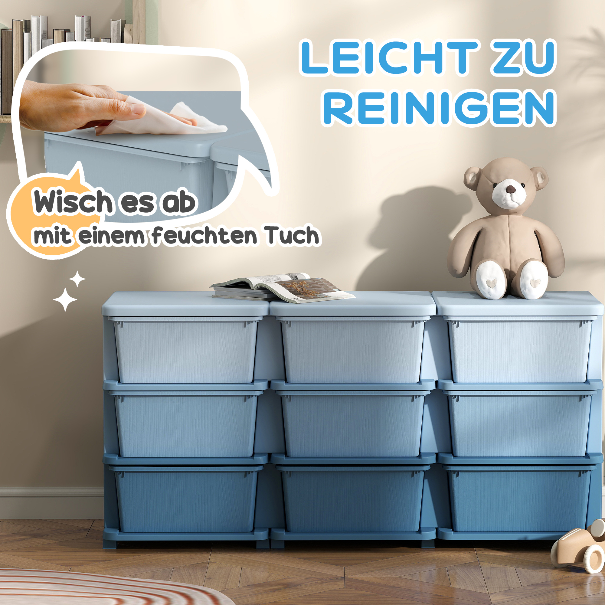 Aufbewahrungsbox für Kinder, Kinder-Aufbewahrungsbox, 9 Schubladen, Blau