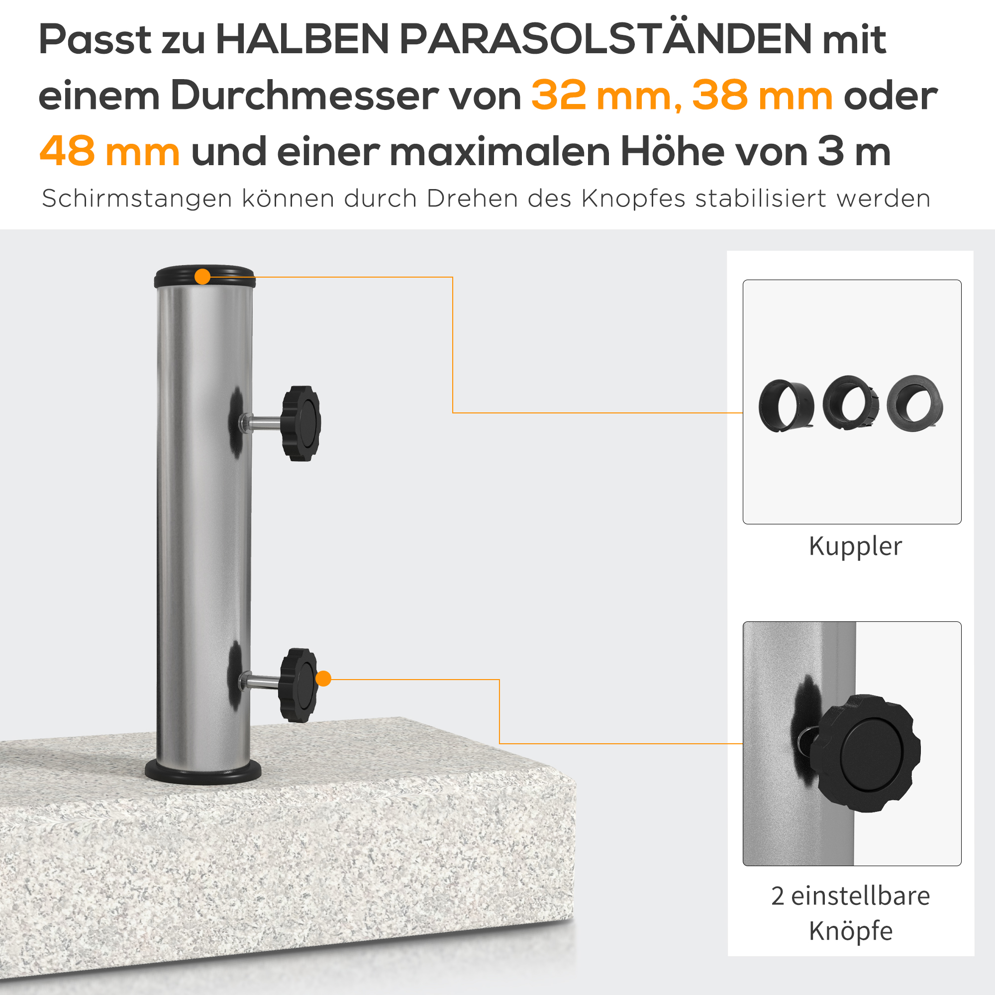 Sonnenschirmständer 25 kg, Schirmfuß aus Granit, für Schirmstöcke Ø32/38/48 mm, Grau
