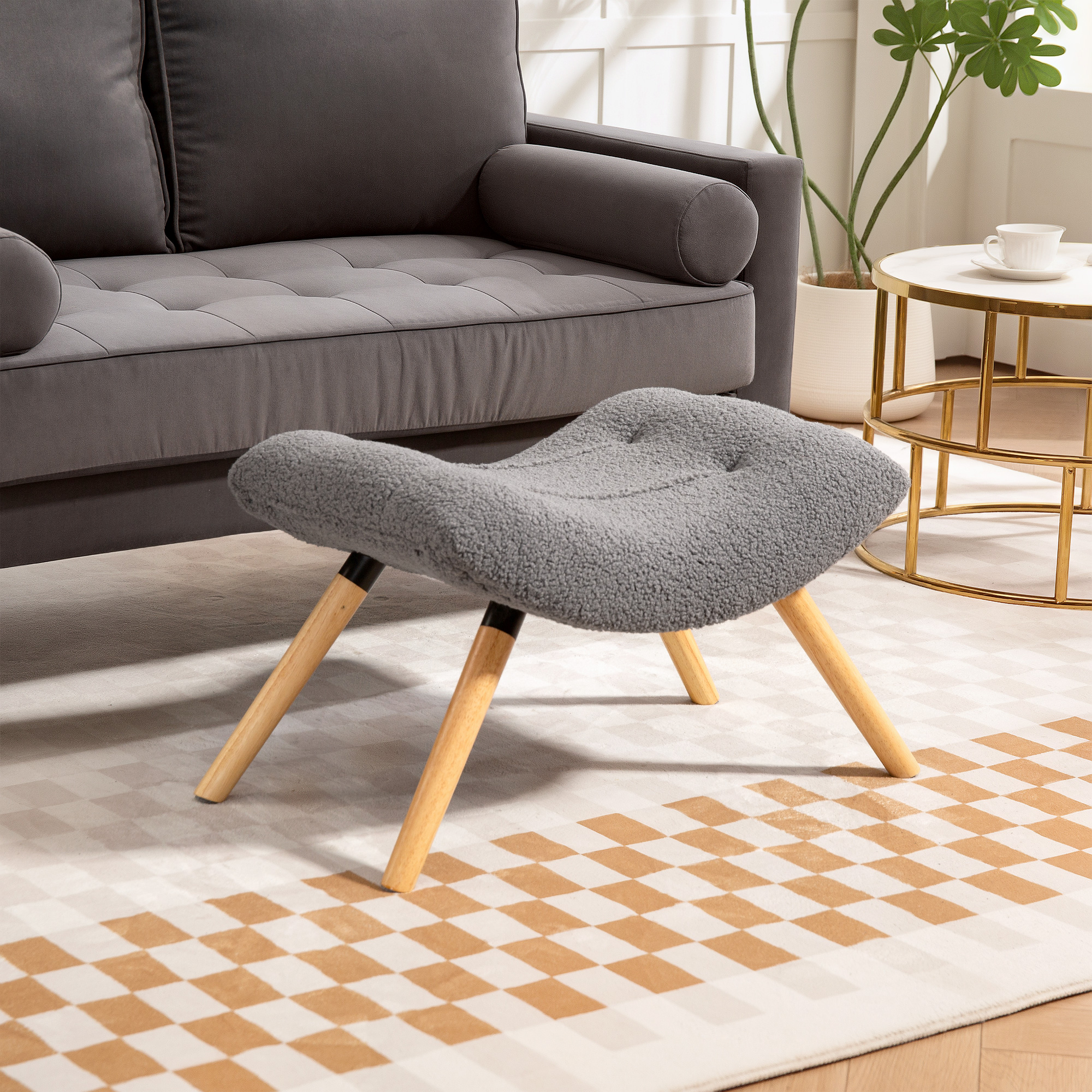moderner Fußhocker mit Fleece-Bezug und Holzbeinen, gepolstert, für Wohnzimmer, Schlafzimmer, Flur, Dunkelgrau