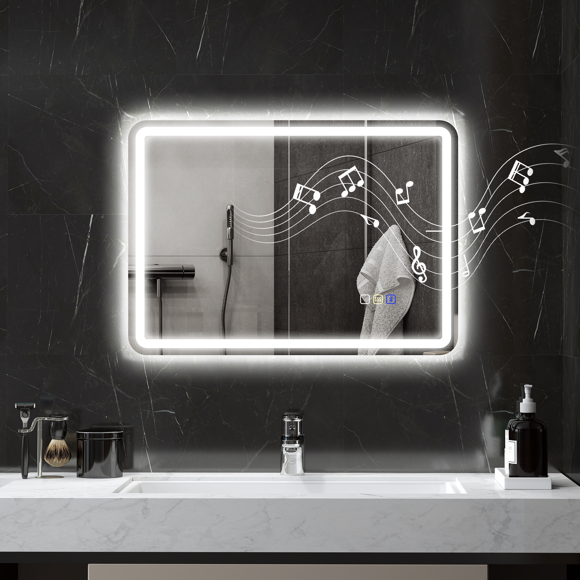Badezimmerspiegel mit LED-Beleuchtung, Anti-Beschlags-Pad, 3 verstellbare Farben, Silberfarben