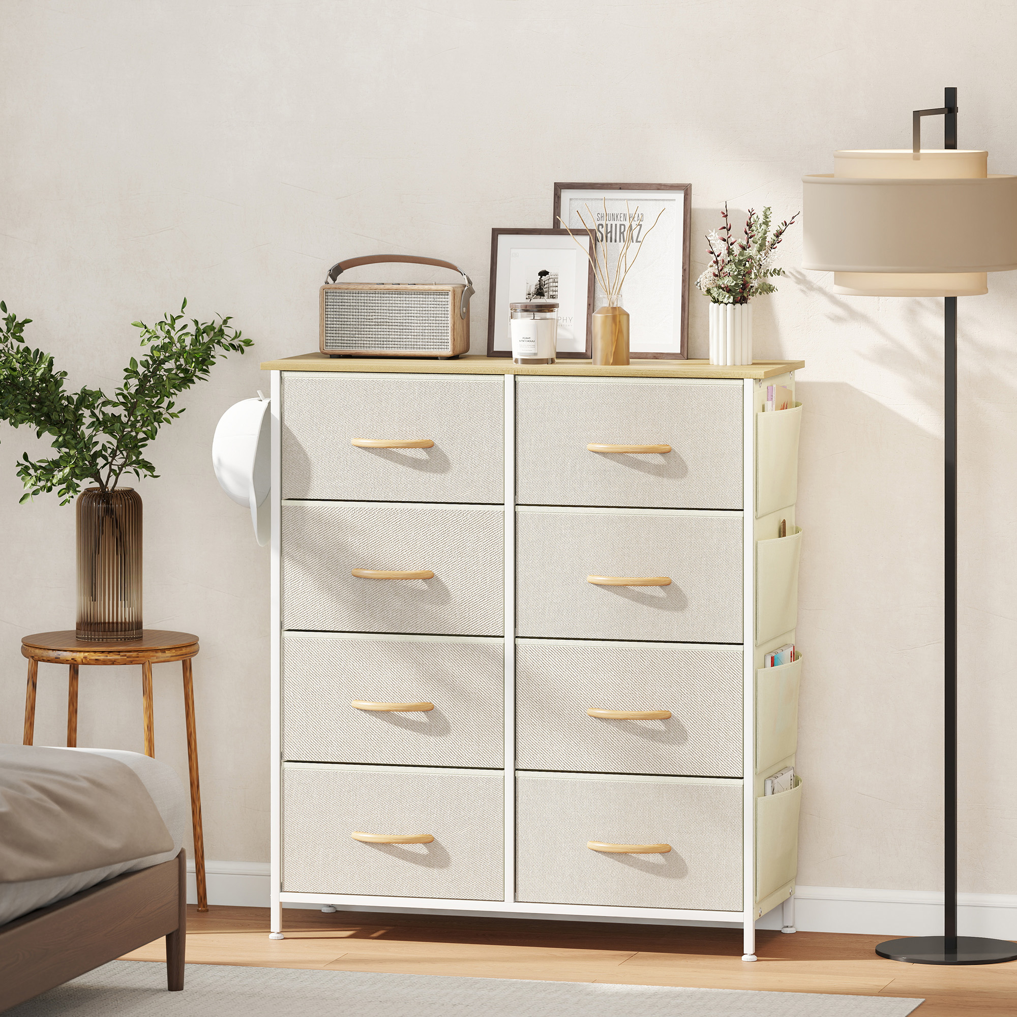 Schlafzimmer-Kommode mit 8 Stoffschubladen, Stahlstreben, Holzoberfläche, 4 Aufbewahrungstaschen, 2 Haken, Beige