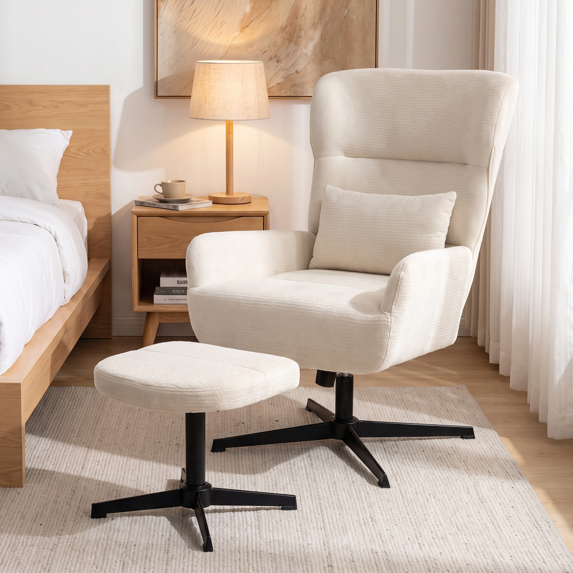 360° drehbarer Loungesessel mit Hocker, höhenverstellbar, Chenille-Bezug, mit Lendenkissen, Cremeweiß