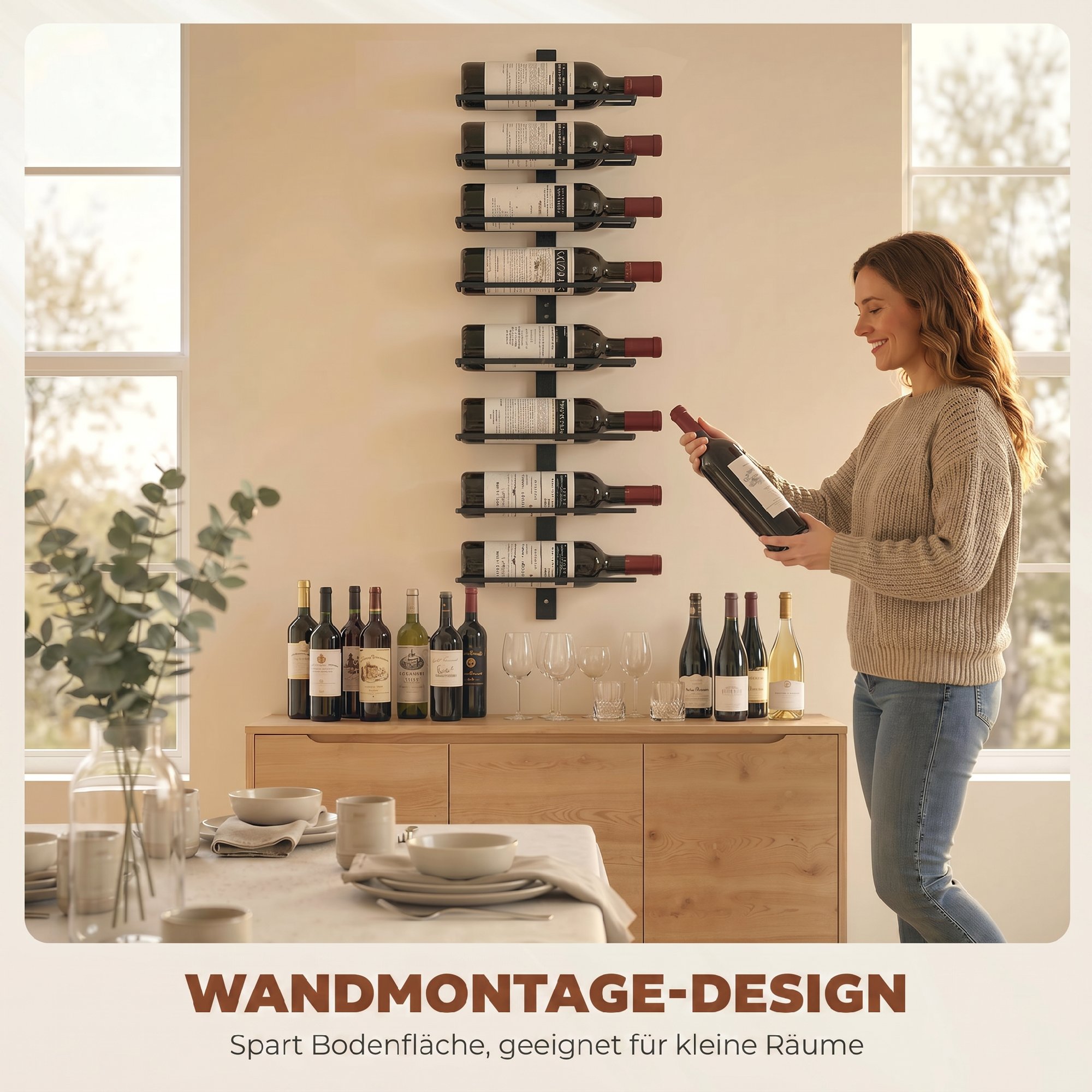Weinregal, Wandregal für 8 Flaschen Wein, 8 Ebenen, Stahlrohr, für Küche, Wohnzimmer, Hausbar, Schwarz