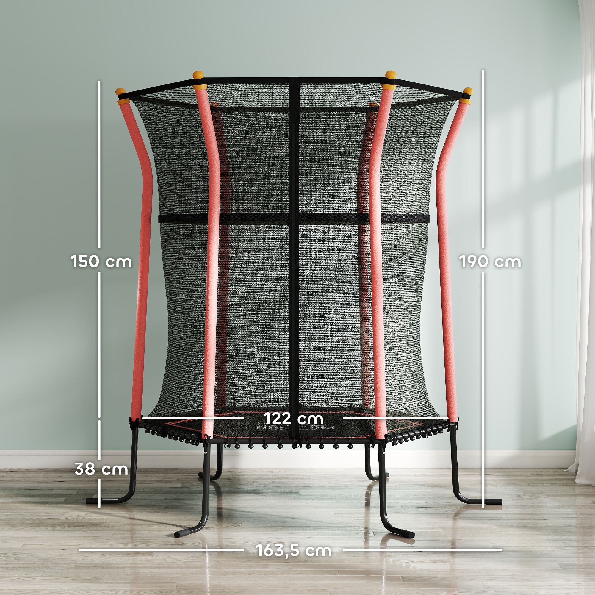Trampolin für Kinder, Ø163,5 cm, mit Sicherheitsnetz, gepolstert, Stahl, belastbar bis 50 kg, Schwarz & Rot