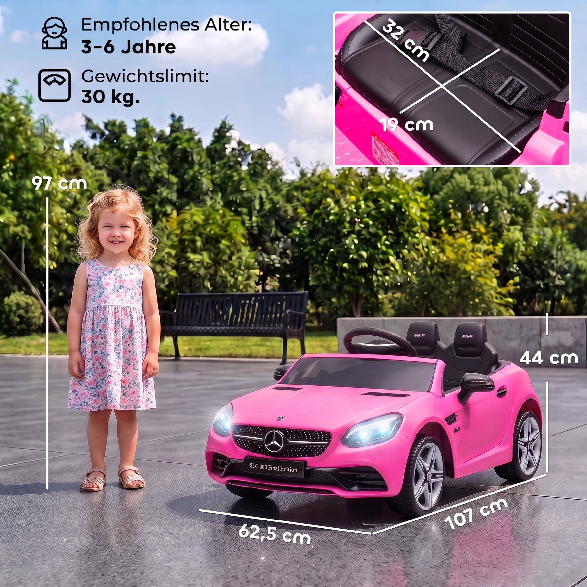 Kinder-Elektroauto, mit LED-Scheinwerfern, Sicherheitsgurt, Hupe, Musik, 3 bis 5 km/h, Rosa, 107 x 62,5 x 44cm