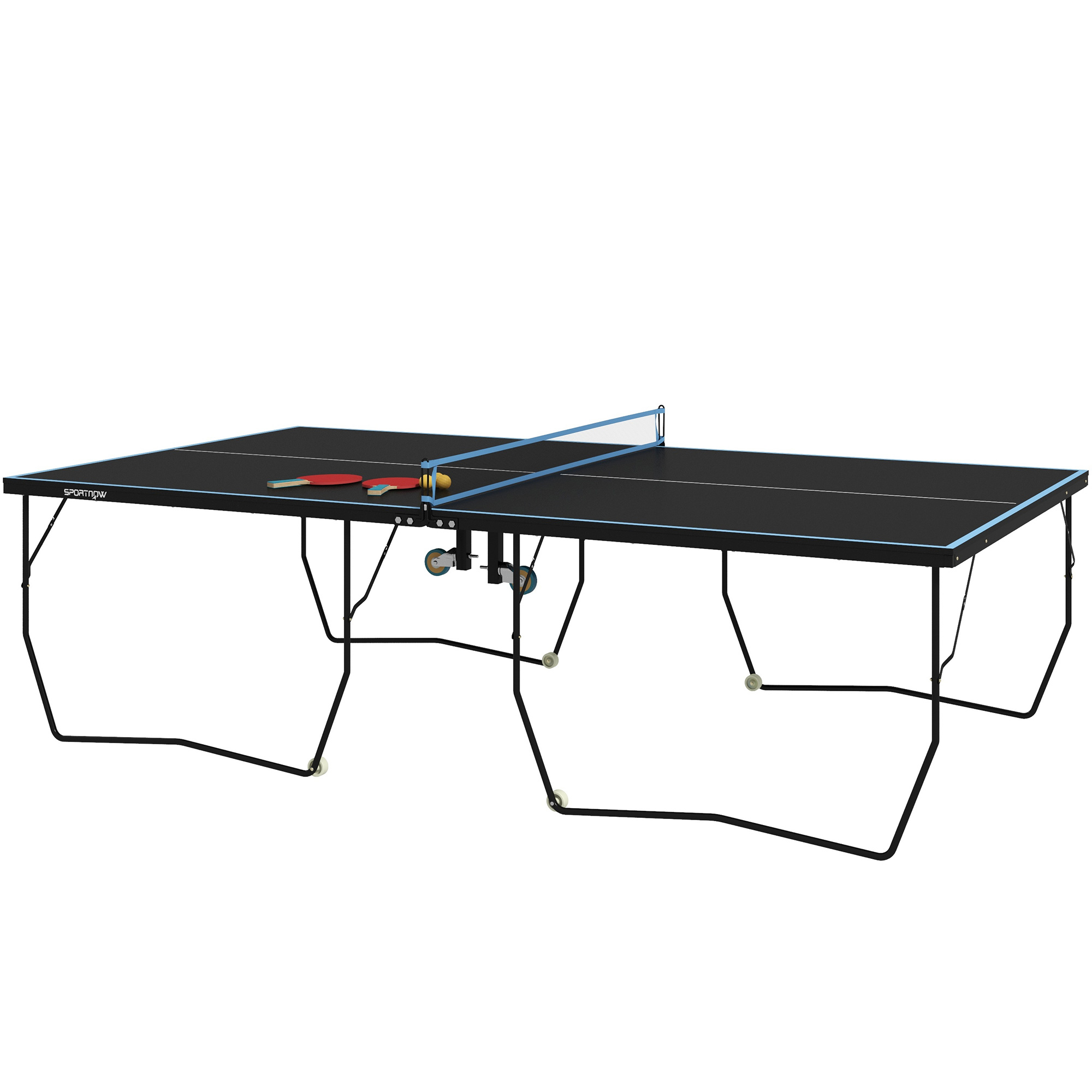 Tischtennisplatte, klappbar, 8 Räder, pulverbeschichteter Stahlrahmen, MDF, 274 x 152,5 x 76 cm, Schwarz Tischtennisplatte, klappbar, 8 Räder, pulverbeschichteter Stahlrahmen, MDF, 274 x 152,5 x 76 cm, Schwarz