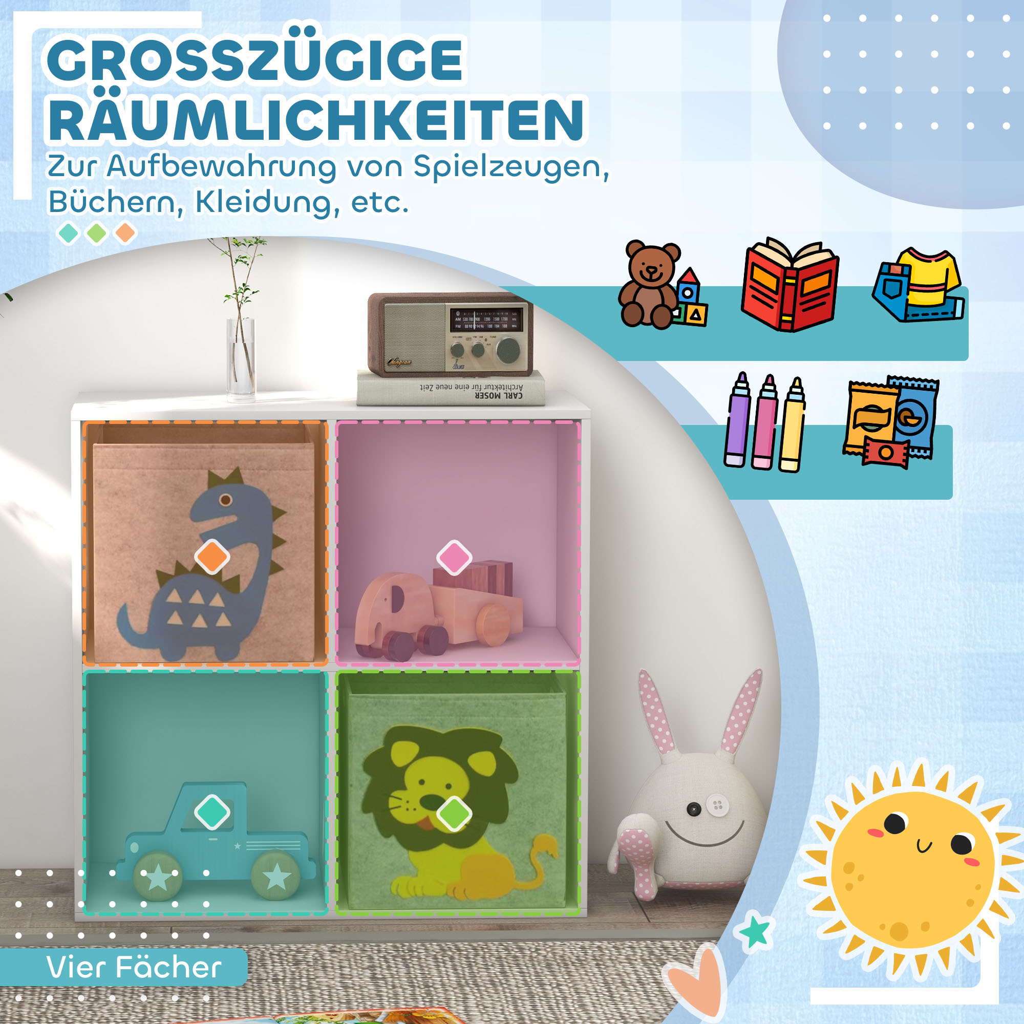 Aufbewahrungsregal für Kinder, Würfel, Schubladen, MDF, Kippschutz, Weiß