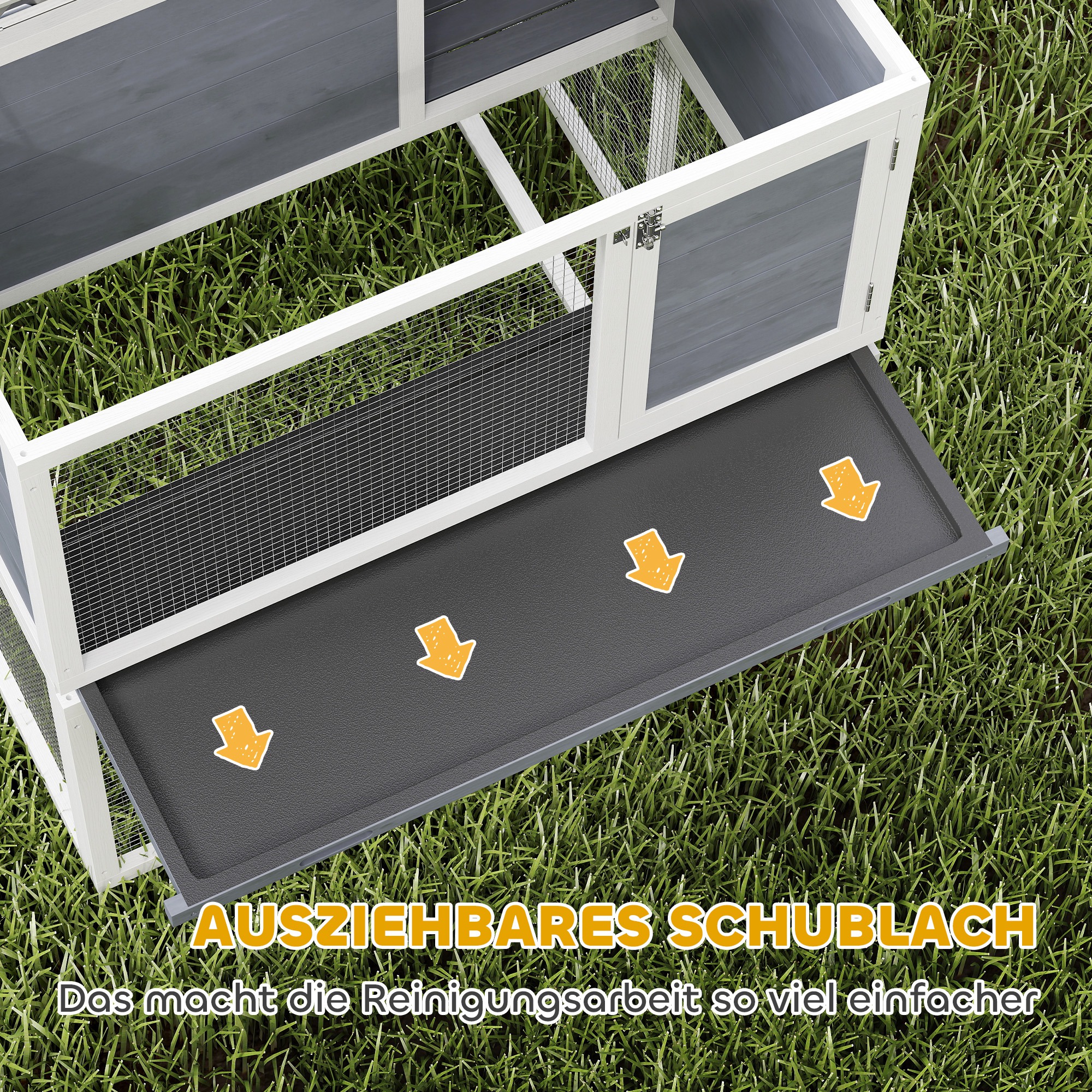 Hasenstall 2 Etagen Kaninchenstall aus Holz mit wetterfest aufklappbar Dach, Freilaufgehege, Rampe, 98x95x102,5 cm Grau