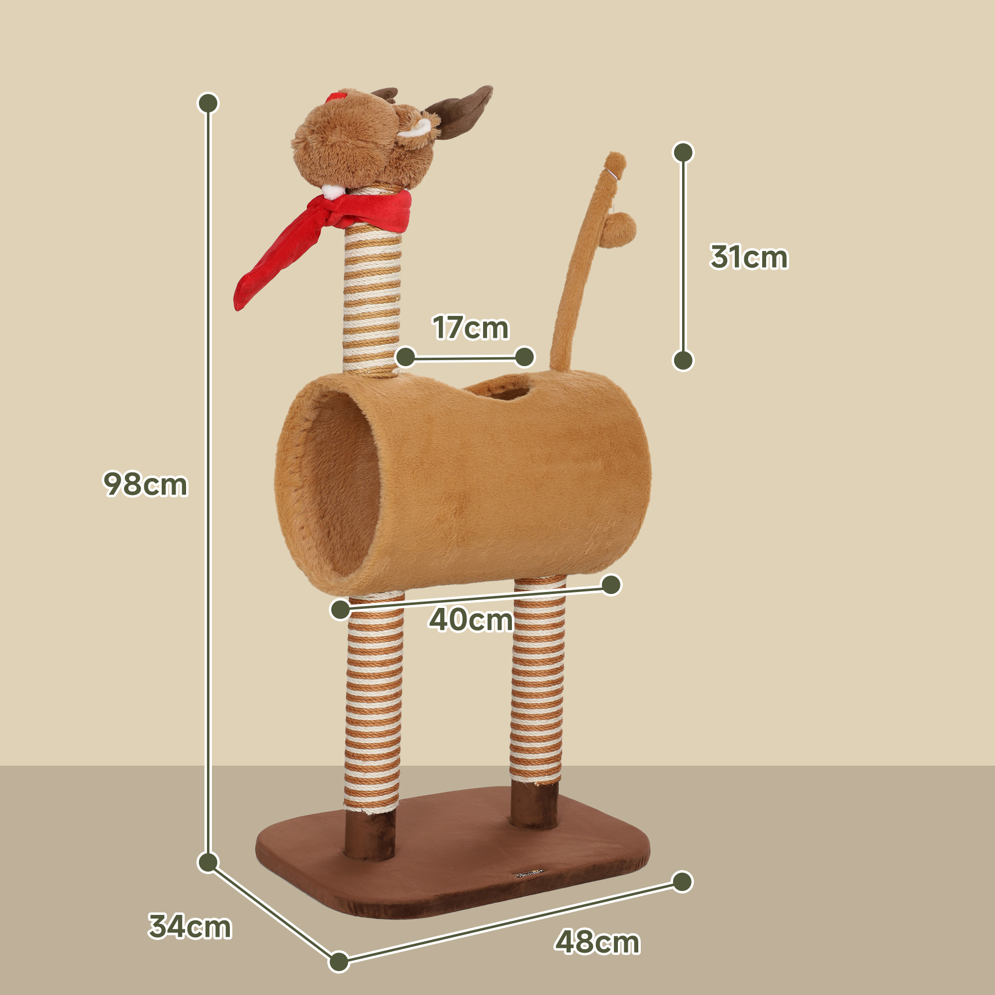 Kratzbaum 98 cm Katzenturm im Hirschdesign, mit Höhle, Spielball, Jutestämme Braun