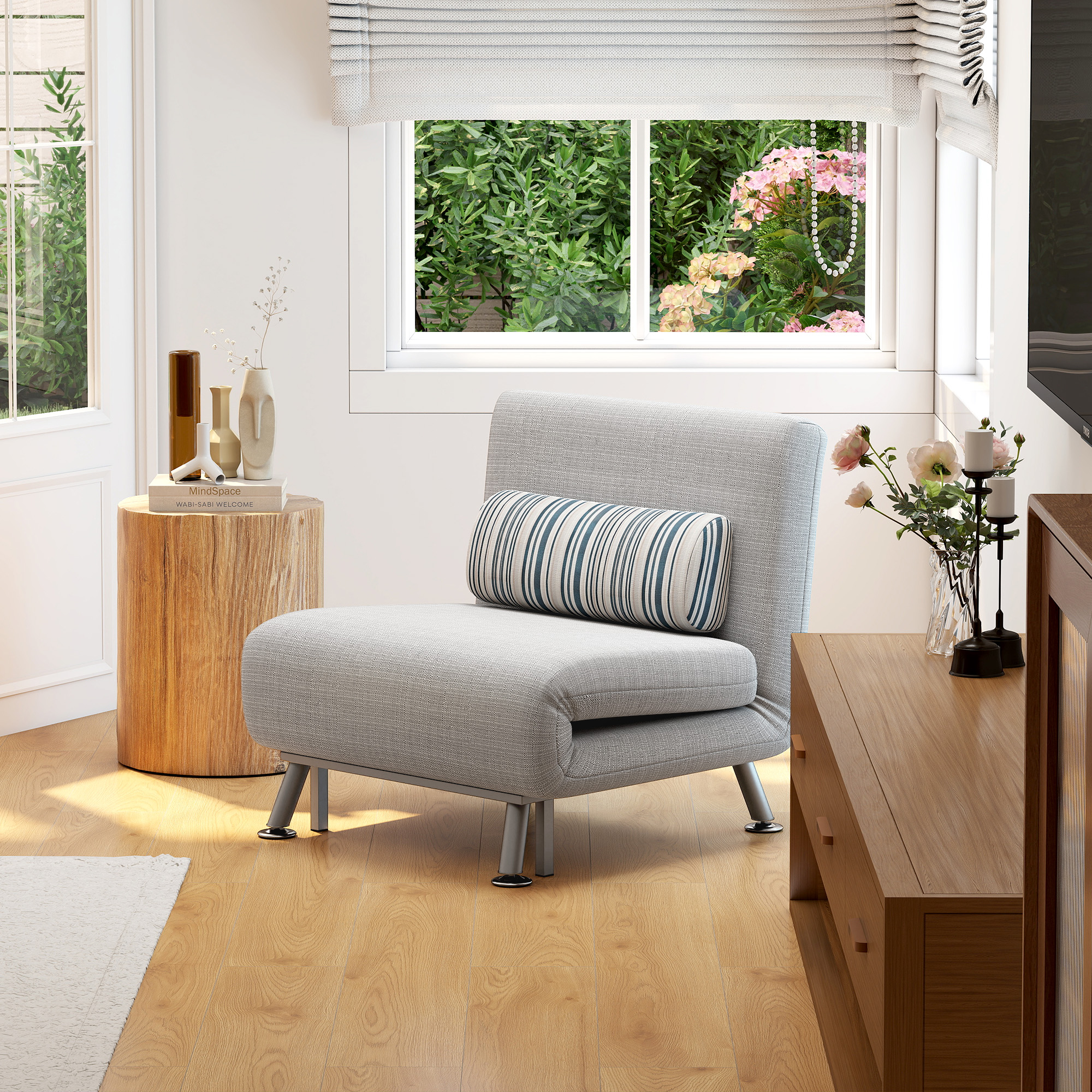 Klappsessel mit Bettfunktion, klappbarer Relaxsessel in Leinenoptik, Verstellbare Rückenlehne, 75 x 70 x 75 cm, Grau