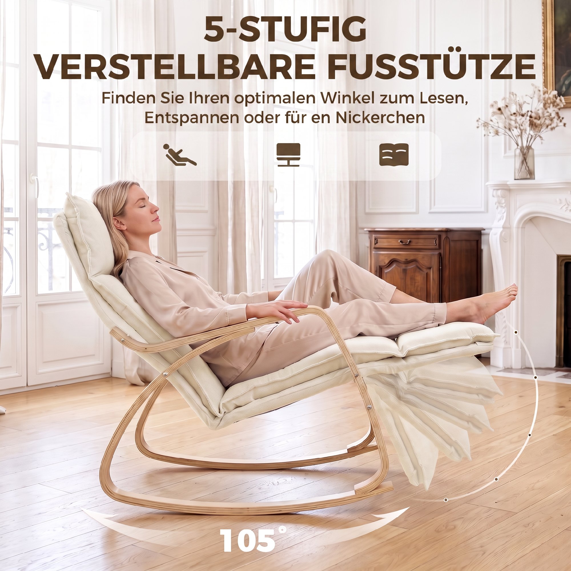 Schaukelstuhl in Leinenoptik mit 5-fach verstellbarer Fußstütze und Leinenoptik, für Wohnzimmer, Cremeweiß