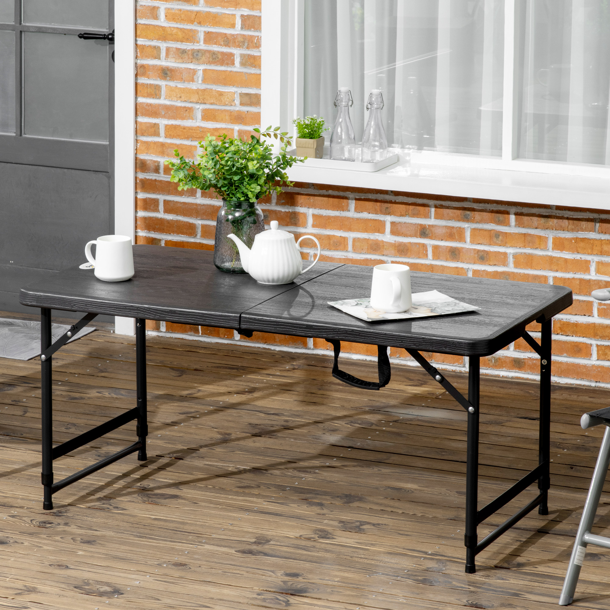 Outdoortisch, Gartentisch, für 4 Pers., klappbar, höhenverstellbar, Holzoptik, grau+schwarz, 118 x 60 x 74 cm