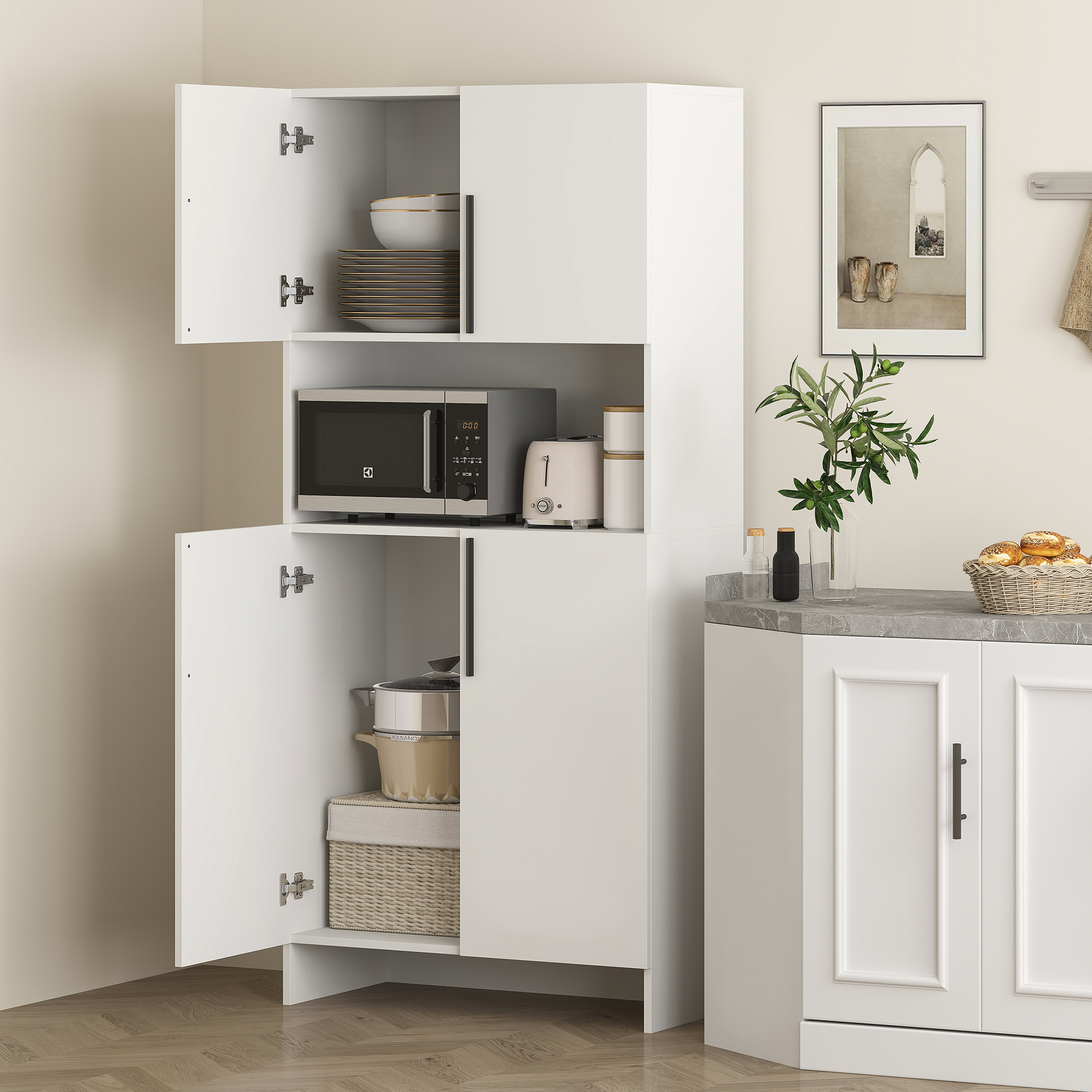 Küchenschrank, Vorratsschrank für Küche, Wohnzimmer, Esszimmer, Schränke, Regale, Mikrowellenablage, Spanplatte, Weiß