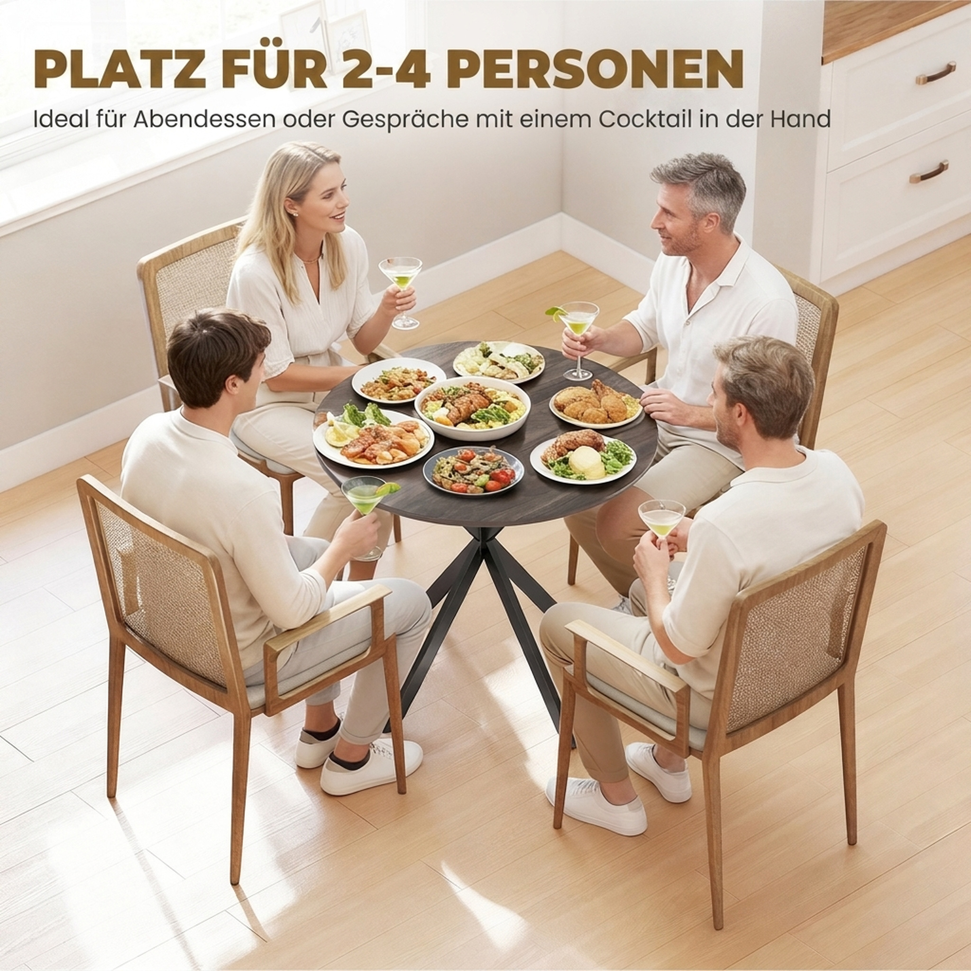 runder Küchentisch, 80 cm, kompakte Tischplatte, Spanplatte, Metall, Braun