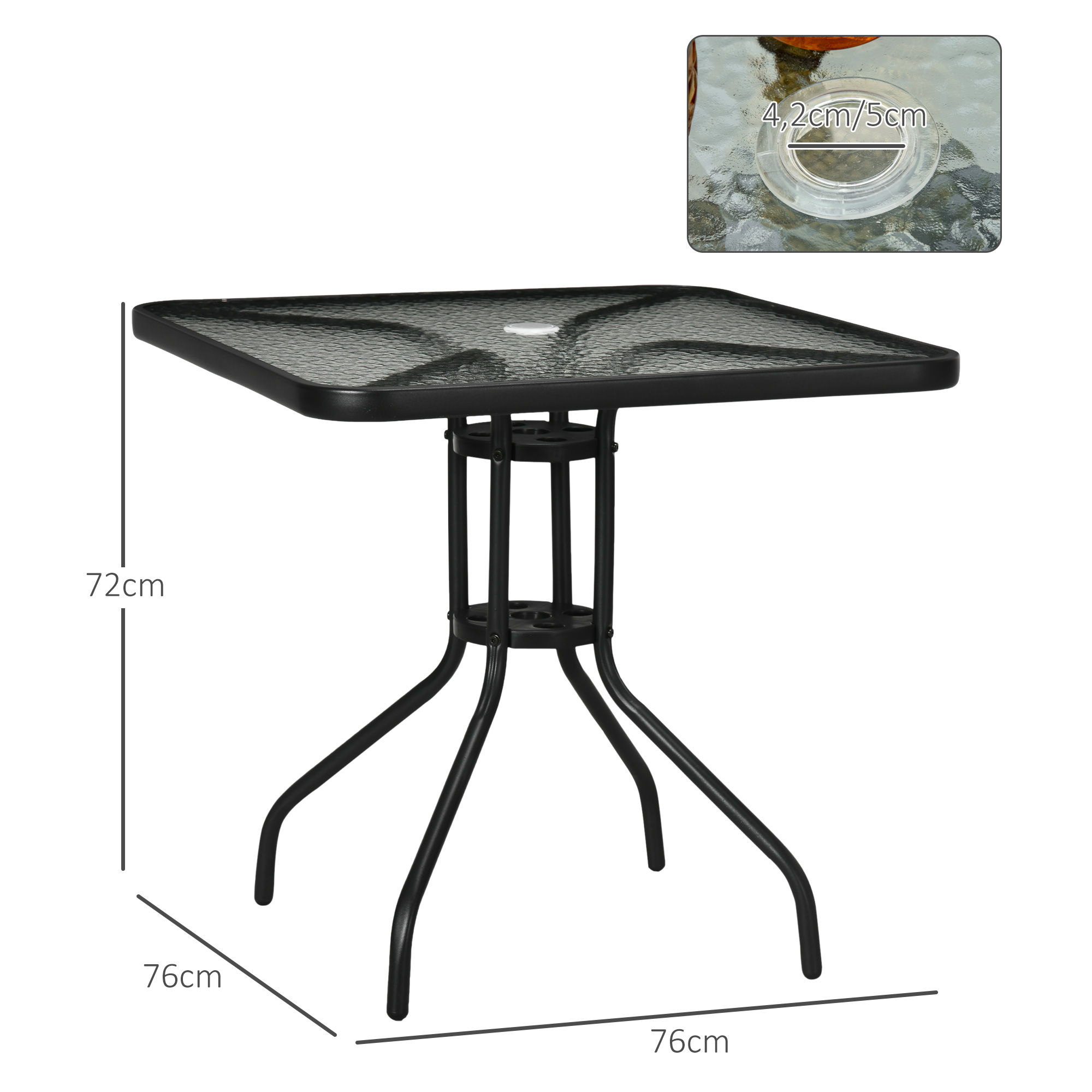 Gartentisch Abnehmbar Metall 76x76 cm Wetterfest Balkontisch mit Schirmloch, rutschfest Schwarz