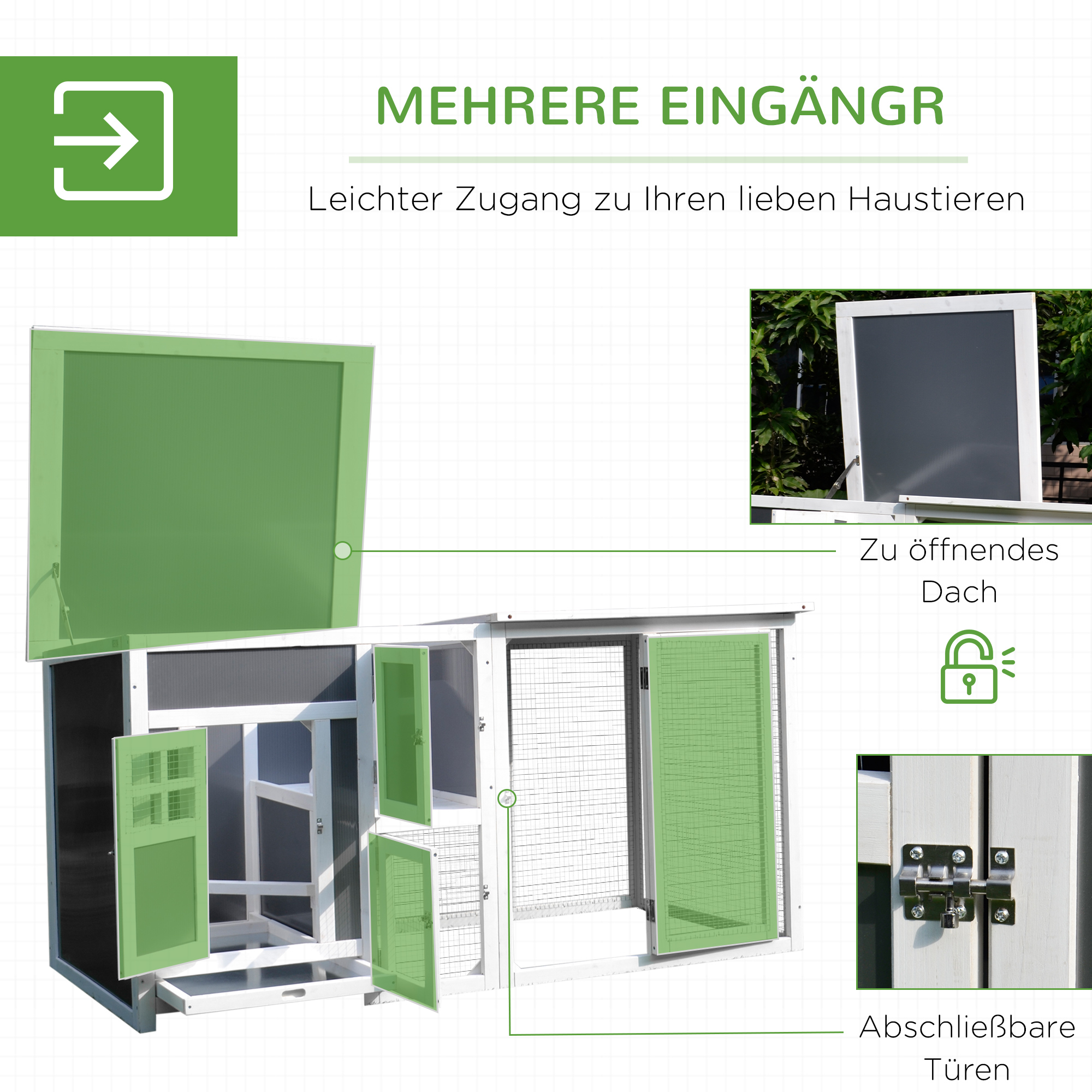Hühnerstall Hühnerhaus aus Holz 160 x 75 x 80 cm Freilaufgehege mit Tür Nistkasten wasserdicht Dach herausziehbarem Tablett Sitzstange Auslauf Hühnergehege für 1-2 Hühner für Garten Grau+Weiß