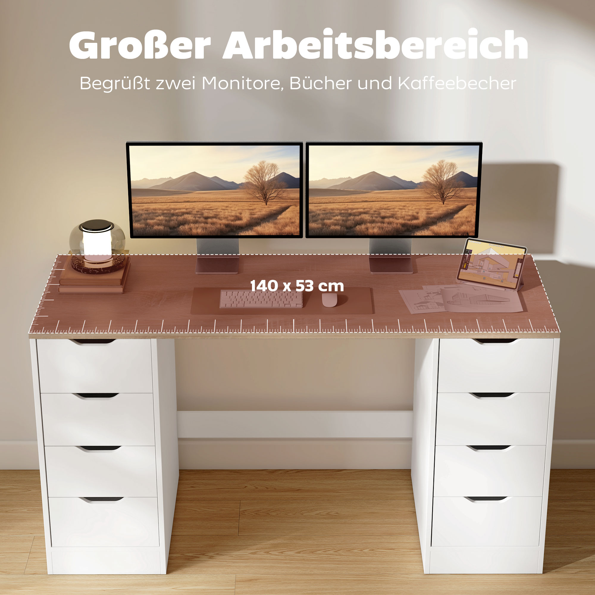 140 cm Computertisch, 8 Schubladen, Schreibtisch für Homeoffice, Schlafzimmer, Stahl, Holz, Weiß
