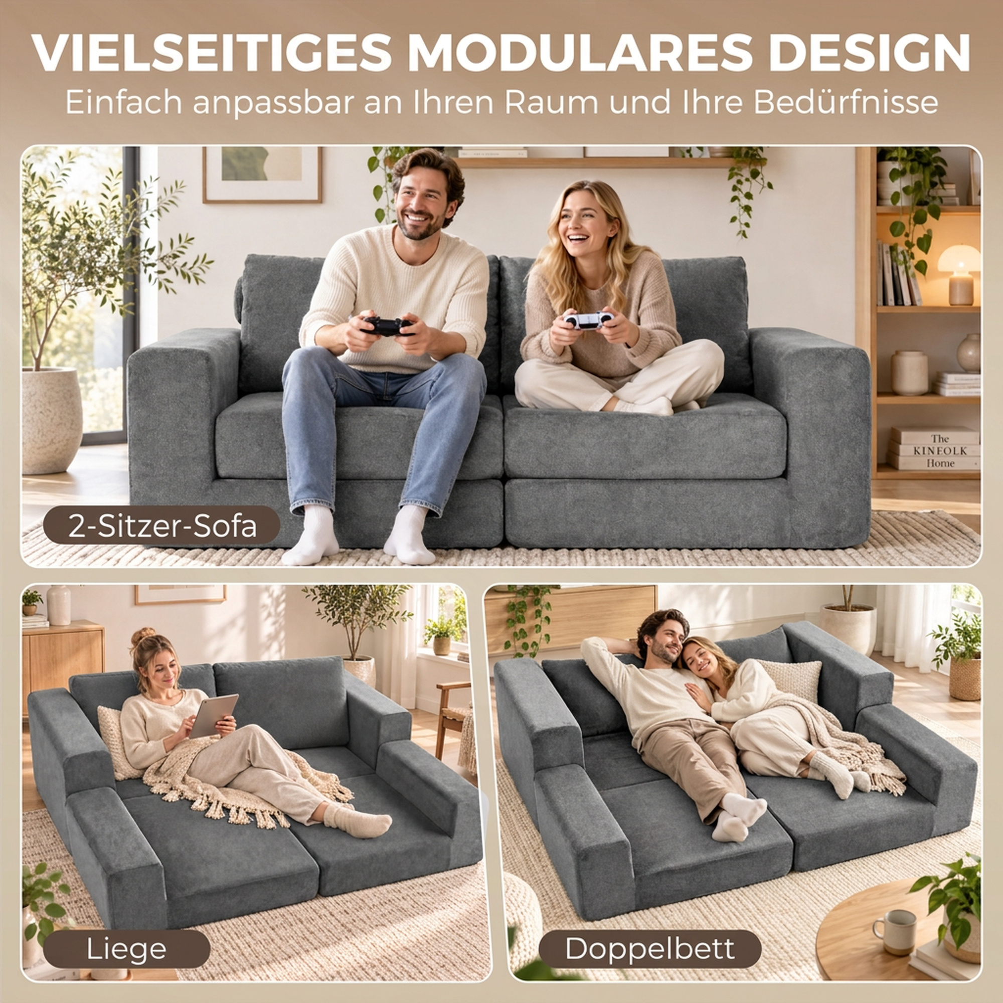 Schlafsofa 4-in-1 Schlaffunktion ausziehbar Klappsofa Kissen 2 Sitzer Grau