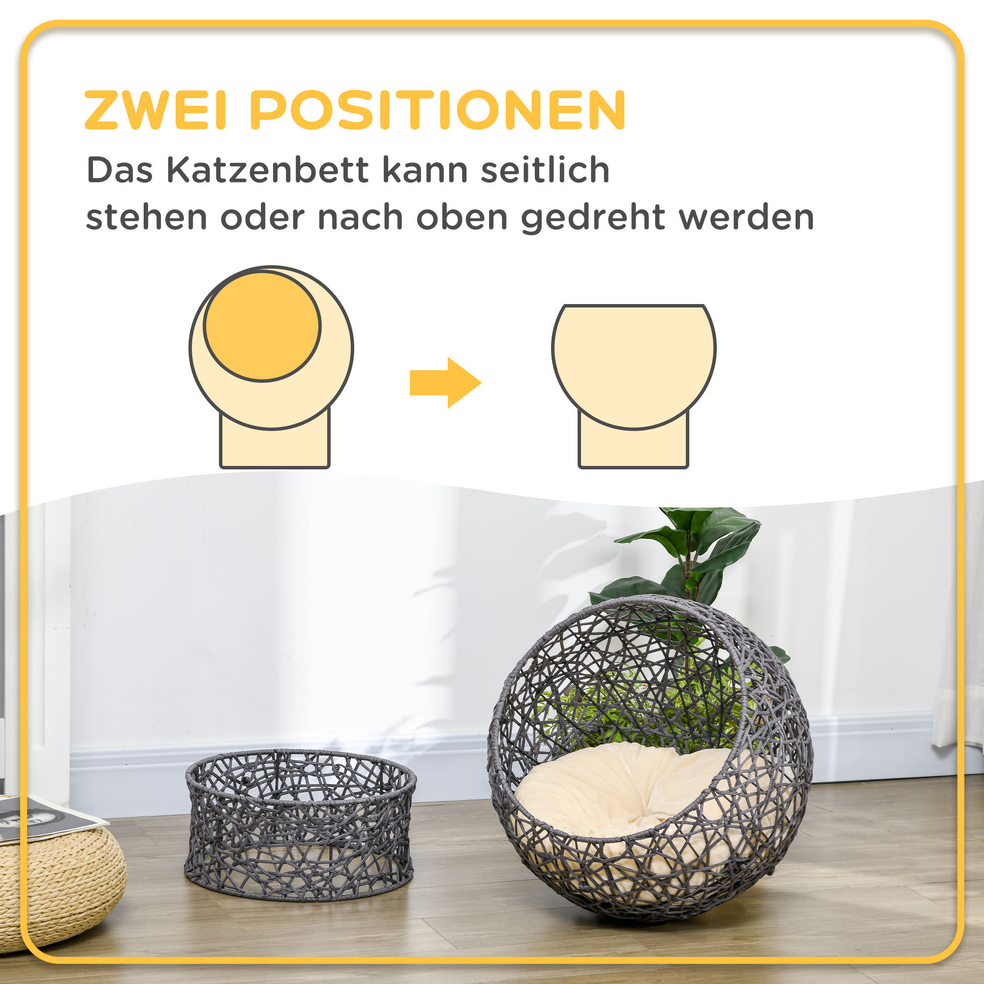 Katzenkorb, Katzenhöhle inkl. Kissen, 2-teilig, 50 cm x 50 cm x 60 cm, Cremeweiß + Anthrazit