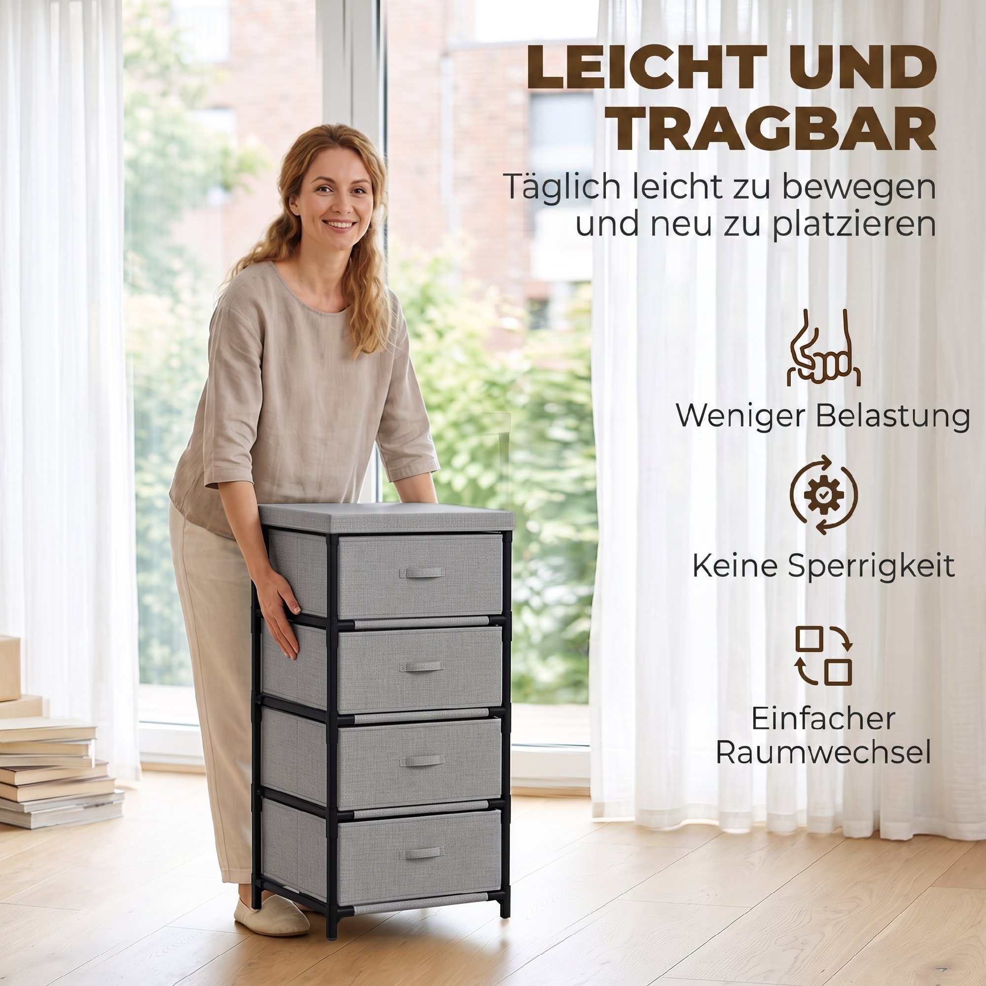 Kommode mit Stahlrahmen und 4 Schubladen, 42 x 32 x 80 cm, Grau/Schwarz