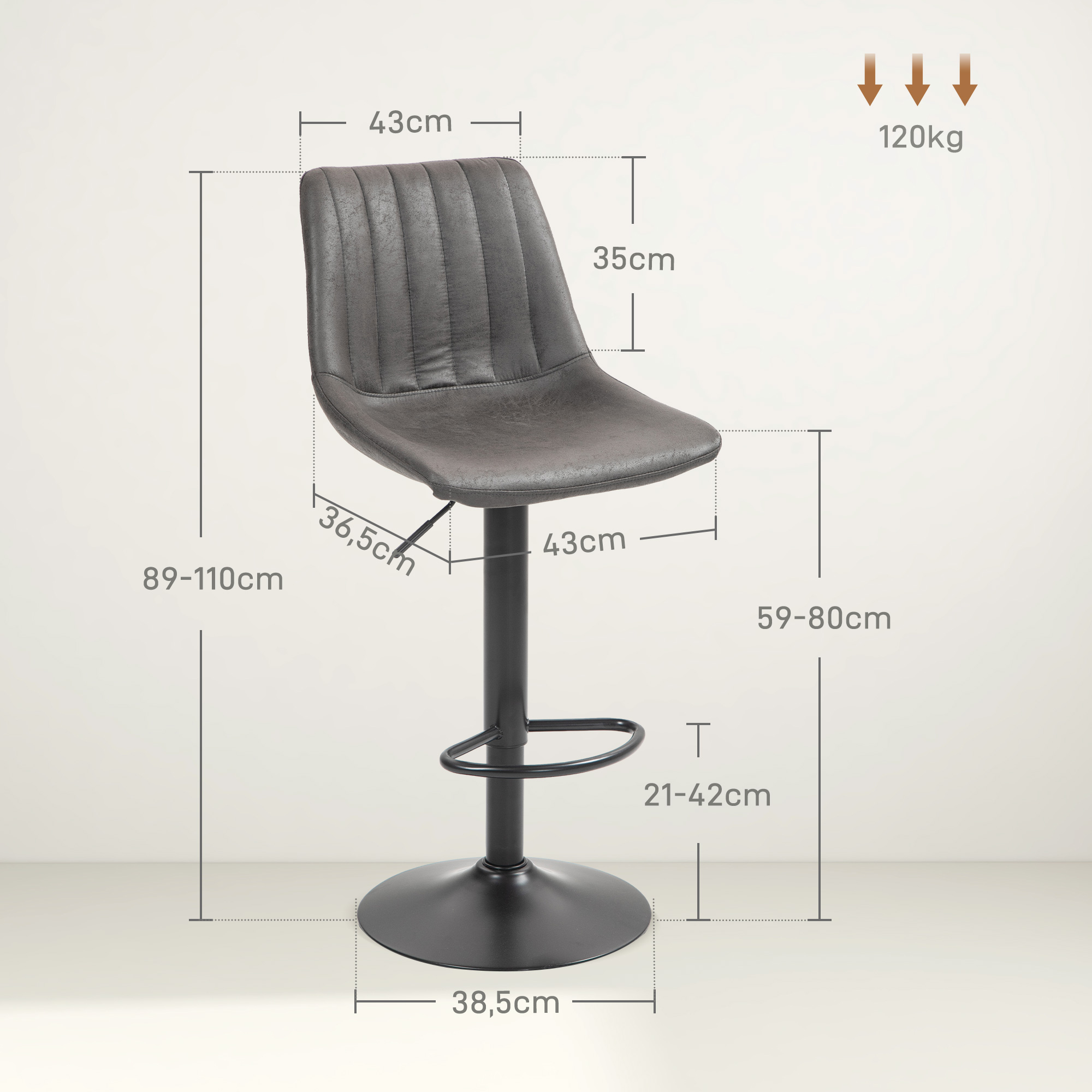 2er-Set Barhocker im Retrodesign, inkl. Fußstütze, höhenverstellbar, Gaslift, Dunkelgrau