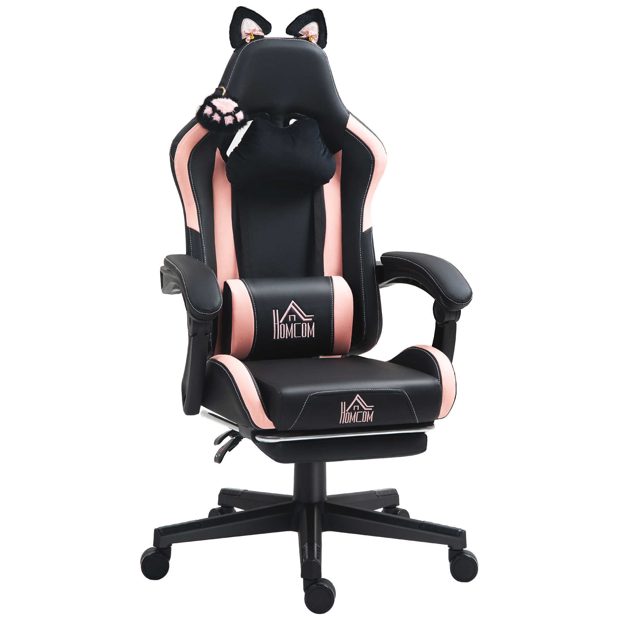 Gaming-Sessel mit Katzenohren, neigbare Lehne, ausziehbare Fußstütze, bis 120 kg, Rosa/Schwarz