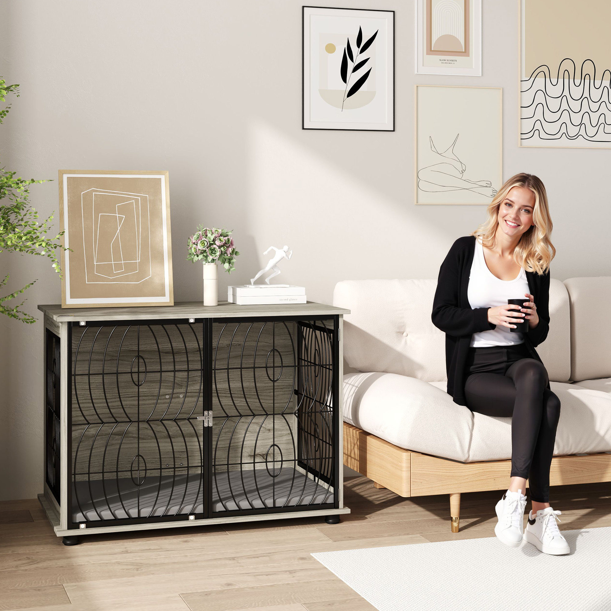 Hundebox, Hundekiste, Verschließbare Aufenthaltsbox für große Hunde, Grau