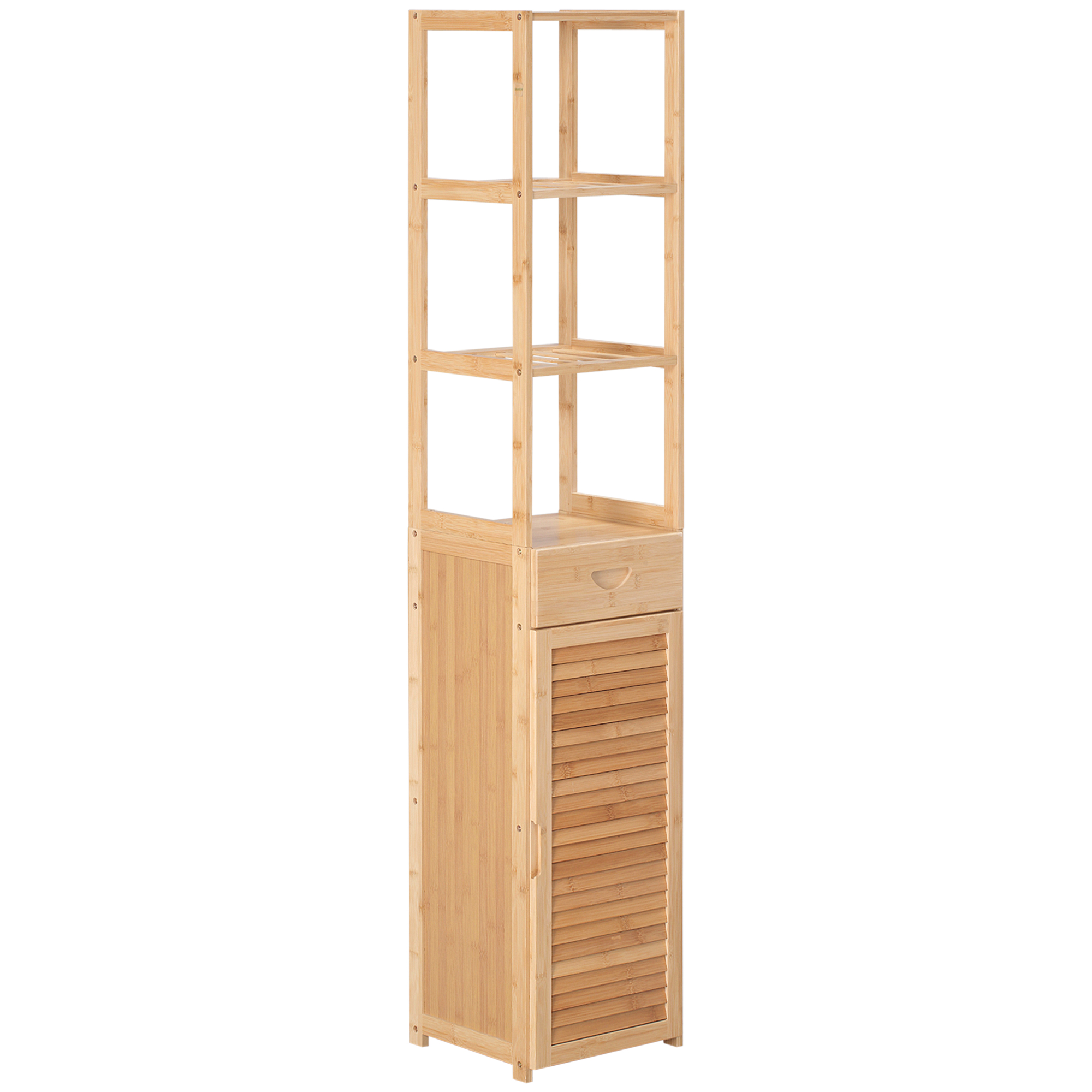Badezimmerregal, 3 offene Fächer, Schublade, Lamellentür, Bambus, 32 x 30 x 163 cm Badezimmerregal, 3 offene Fächer, Schublade, Lamellentür, Bambus, 32 x 30 x 163 cm