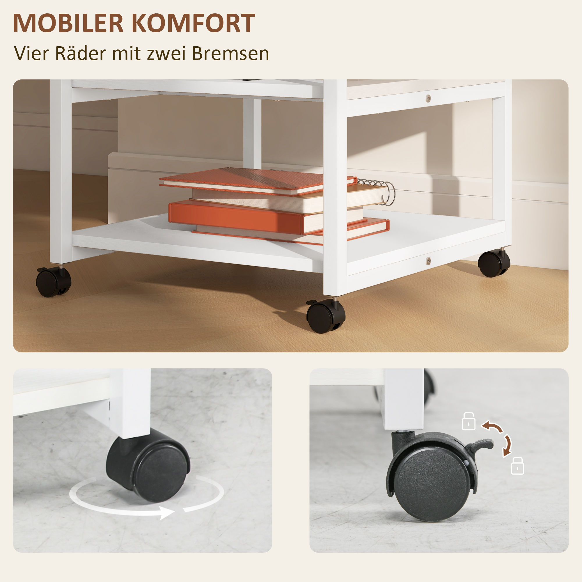 Druckertisch mit Rolle, Druckerständer mit 3-Ebene, Druckerhalter Stahl, 50 x 50 x 52,5 cm