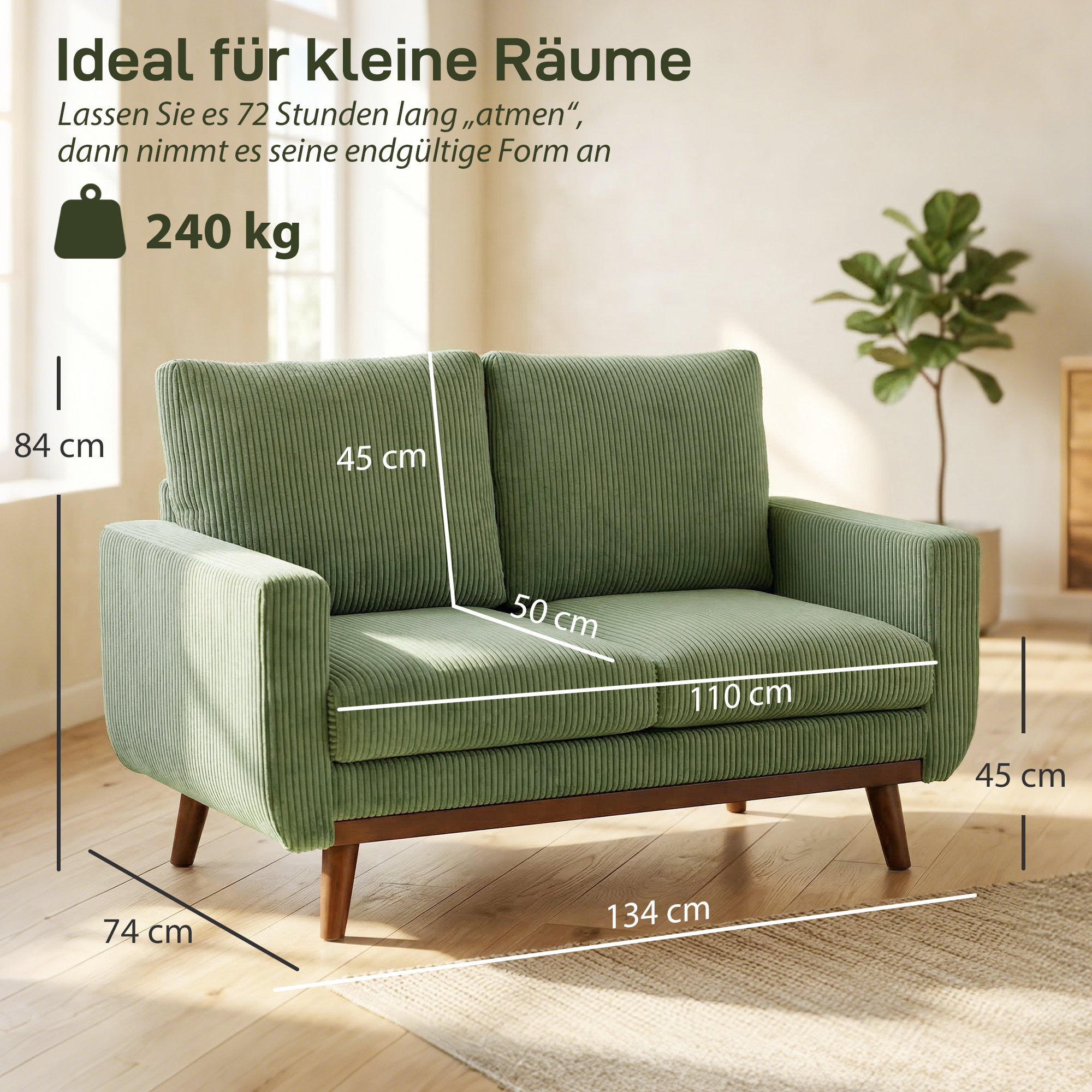 2-Sitzer-Sofa, 134 cm Cord-Sofa mit Taschenfedern, dicker Rückenlehne, Holzlatten-Akzent, Grün