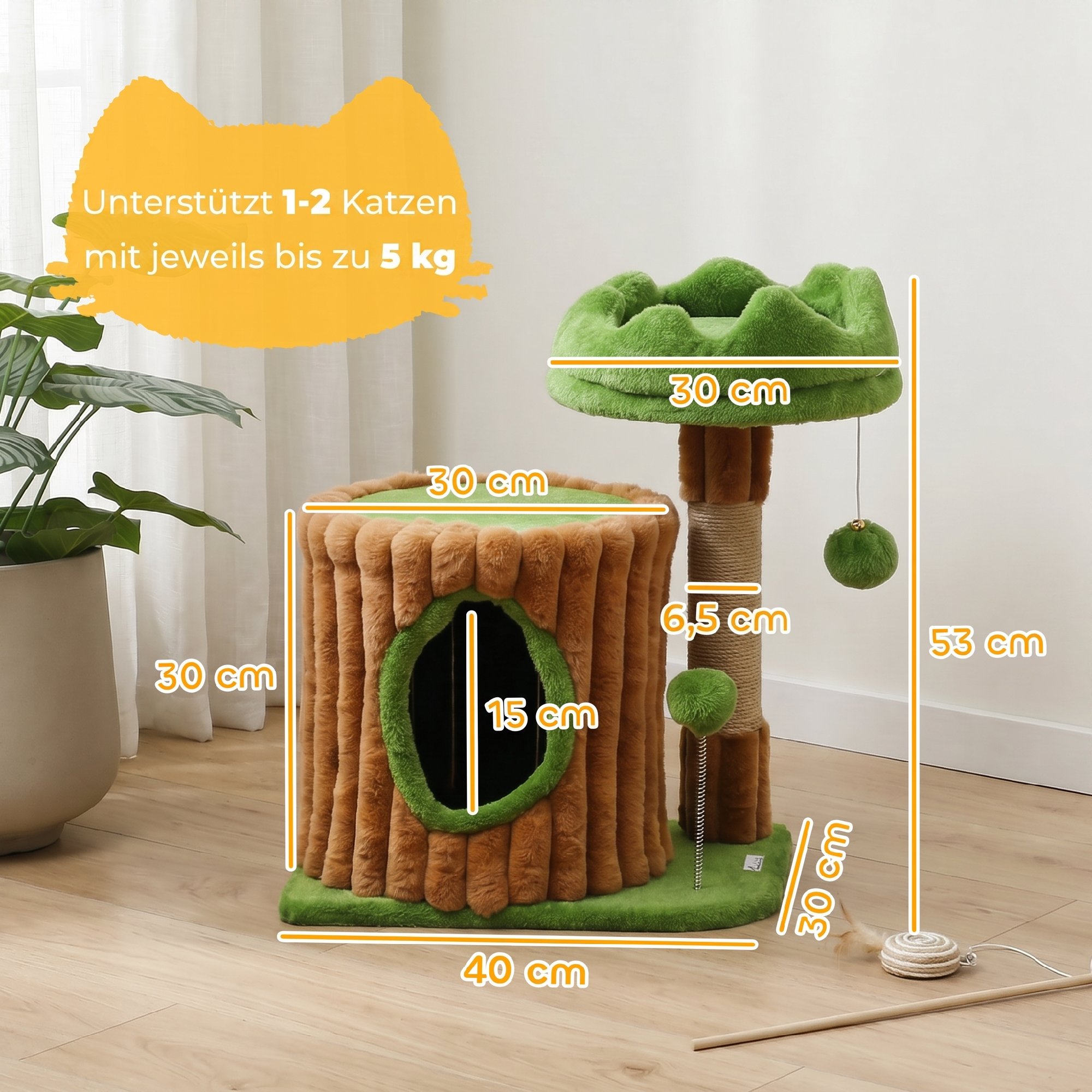 Kratzbaum 53 cm hoch Katzenbaum mit Höhle, Baumstamm-Design, Jutestämme, 2 Bälle  für 1-2 Katzen unter 5 kg, Braun+Grün