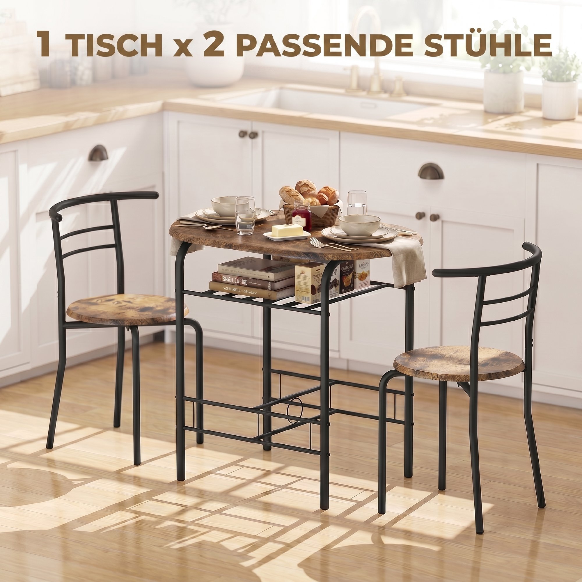 Essgruppe 3-teilig, Küchentisch und Stühle für 2 Personen mit Regal, Wohnzimmer, Rustikal-Braun Holz-Optik