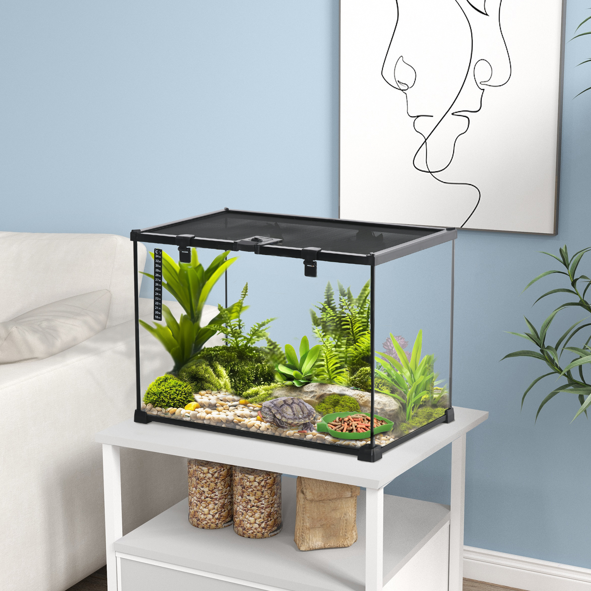 Terrarium für Reptilien Reptile Fütterungsbox Glasterrarium Amphibien Spinnentiere mit Thermometer Reptilienzuchtbox für Schnecken Amphibien Insekten Schildkröten Schwarz 50 x 30 x 35 cm