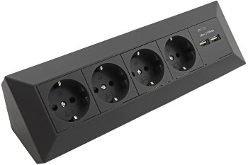 4-fach Steckdosenblock + 2x USB, schwarz / 250V~/ 16A, Aufbaumontage, USB 3,1A